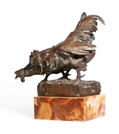 Art Nouveau Rooster and Hen Bronze Sculpture by Enrico Marcello Zosi, Italy