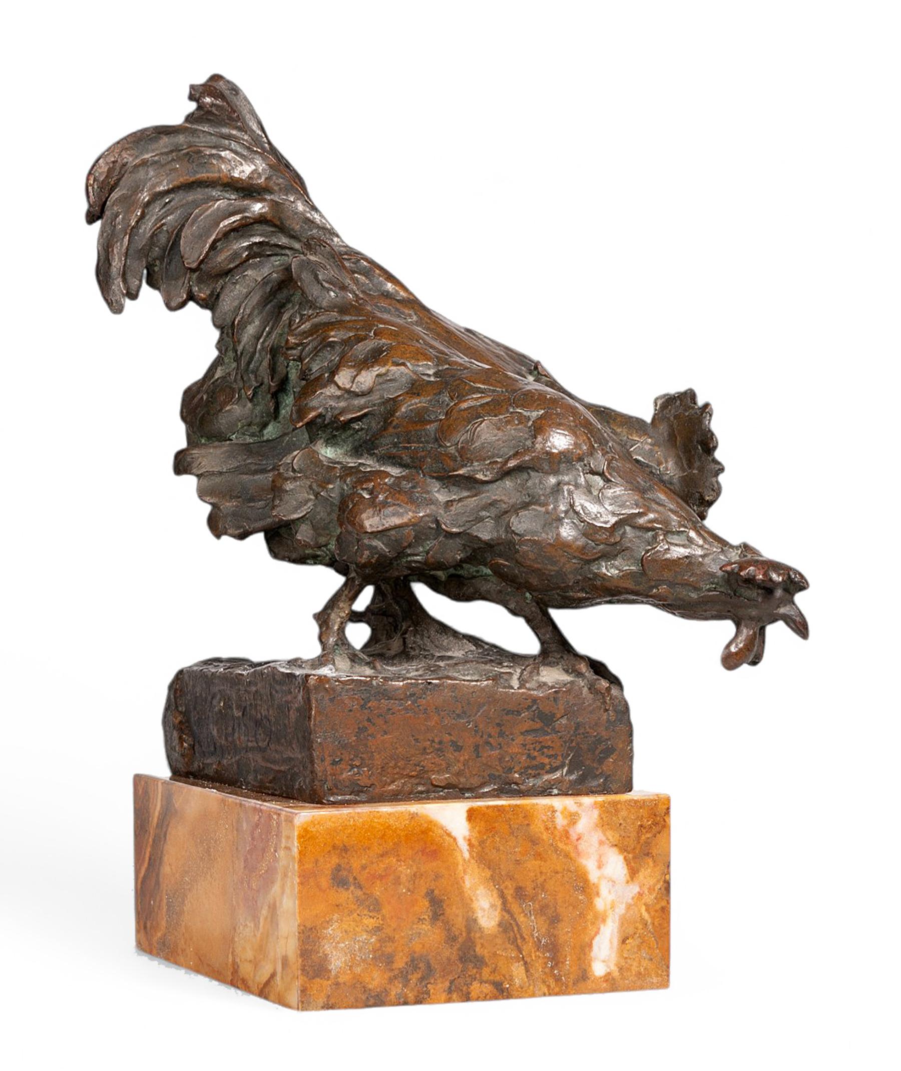 Cast Art Nouveau Rooster and Hen Bronze Sculpture by Enrico Marcello Zosi, Italy