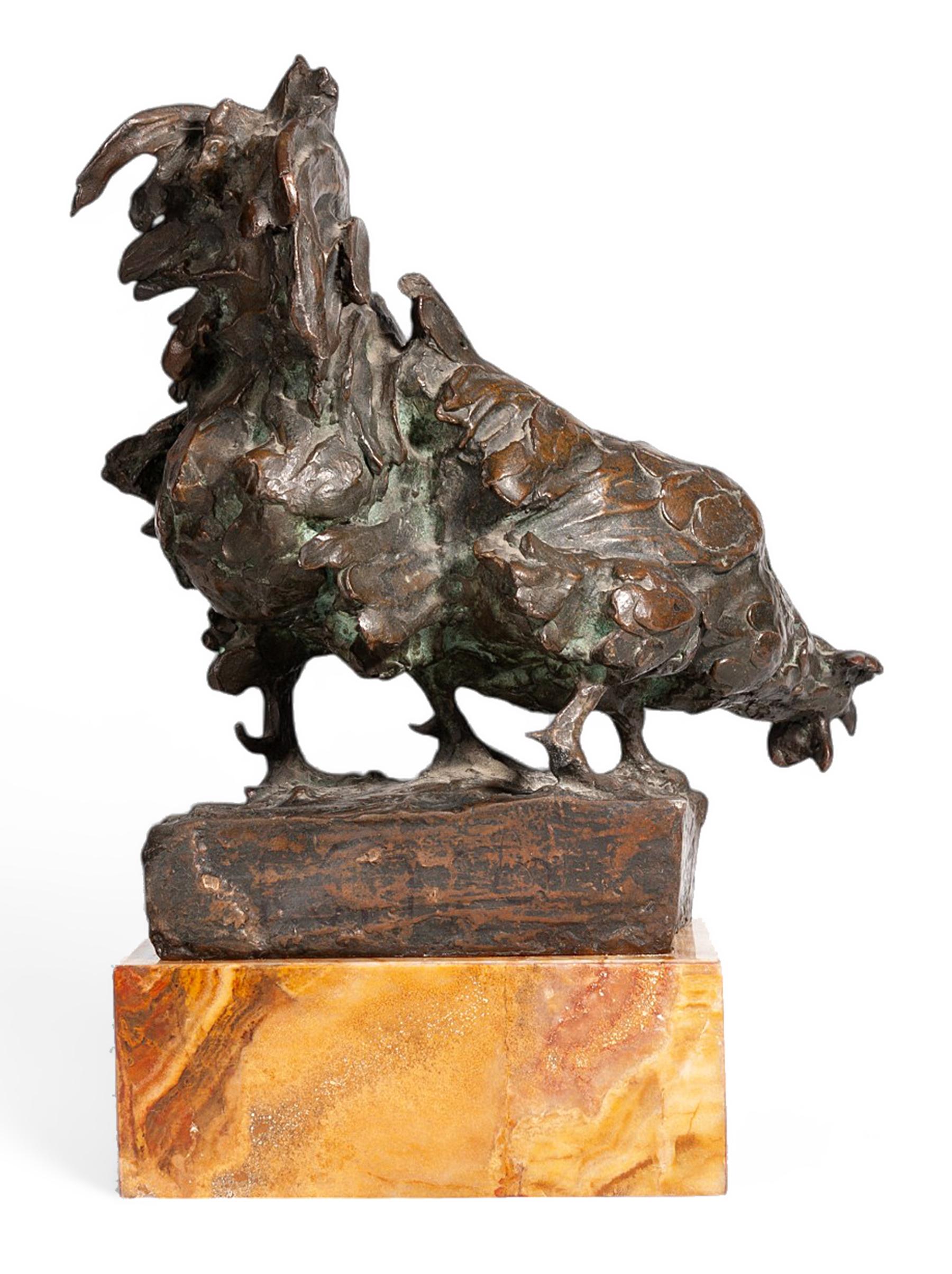 Art Nouveau Rooster and Hen Bronze Sculpture by Enrico Marcello Zosi, Italy In Good Condition In North Miami, FL