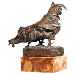 Art Nouveau Rooster and Hen Bronze Sculpture by Enrico Marcello Zosi, Italy