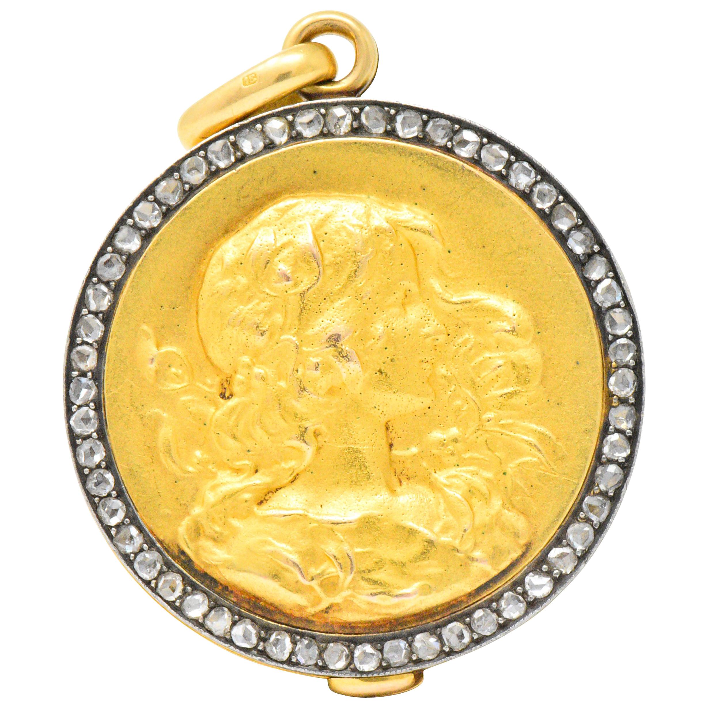 Art Nouveau Rose-Cut Diamond 18 Karat Gold Silver Locket Pendant