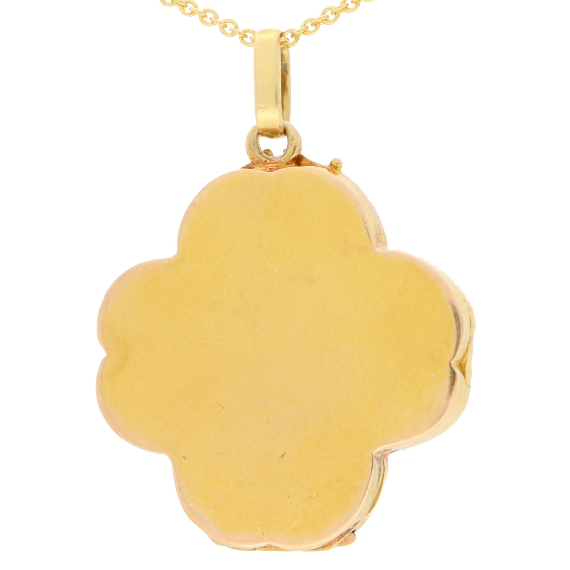 Art Nouveau Rose Cut Diamond Four Leaf Clover Locket in 18k Yellow Gold 1