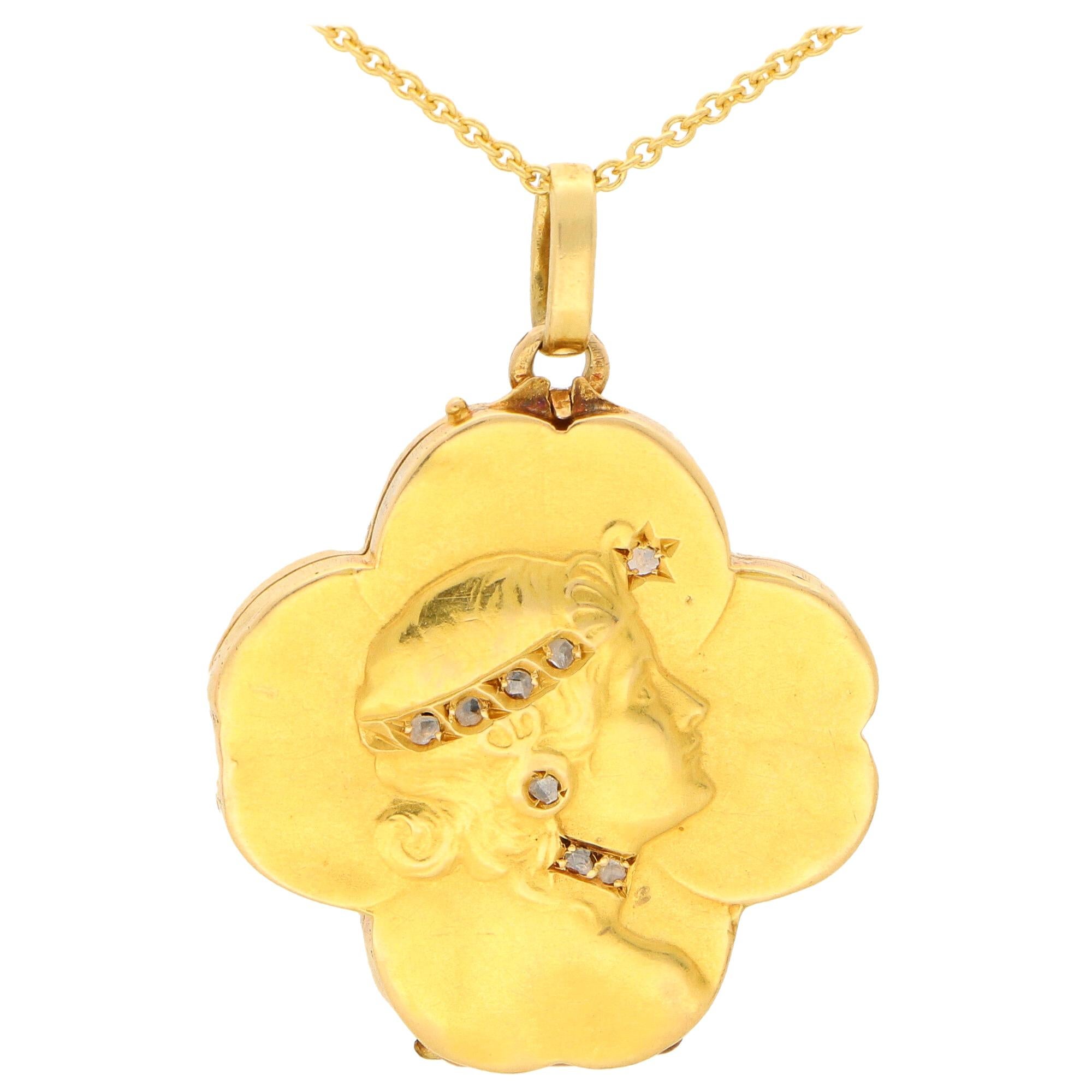 Art Nouveau Rose Cut Diamond Four Leaf Clover Locket in 18k Yellow Gold