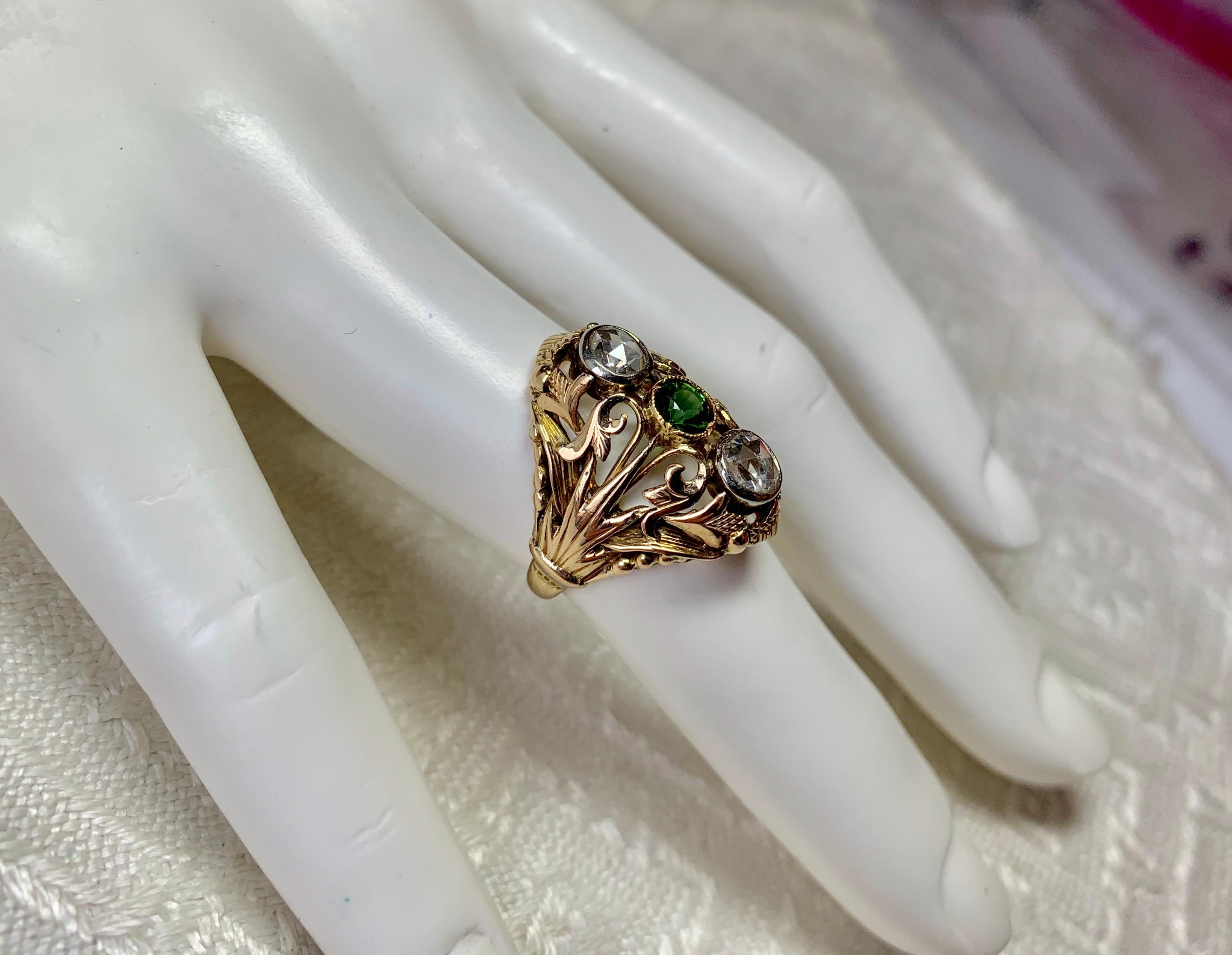 Art Nouveau Rose Cut Diamond Green Tourmaline Ring Antique 14 Karat Gold 5