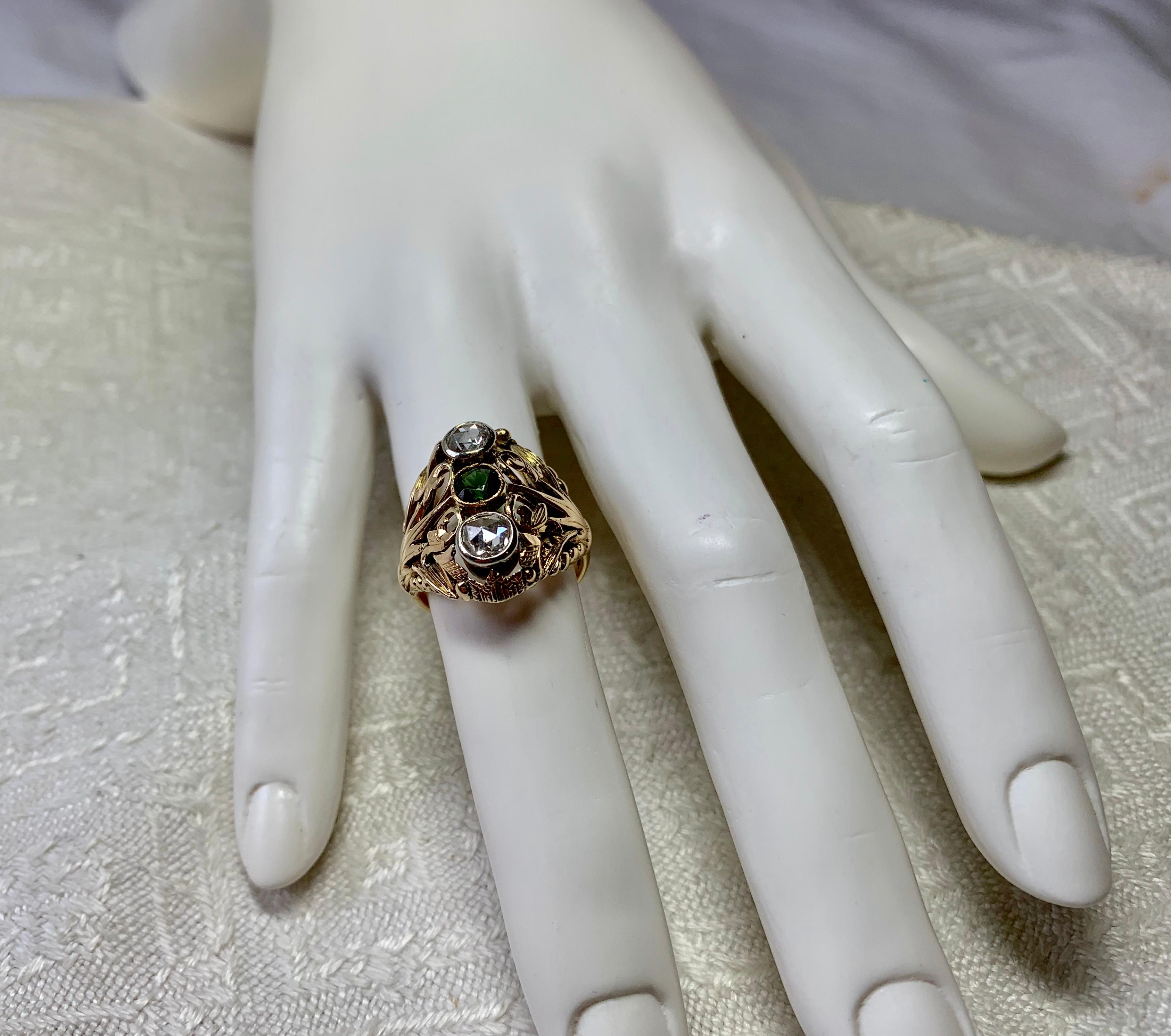 Art Nouveau Rose Cut Diamond Green Tourmaline Ring Antique 14 Karat Gold 6