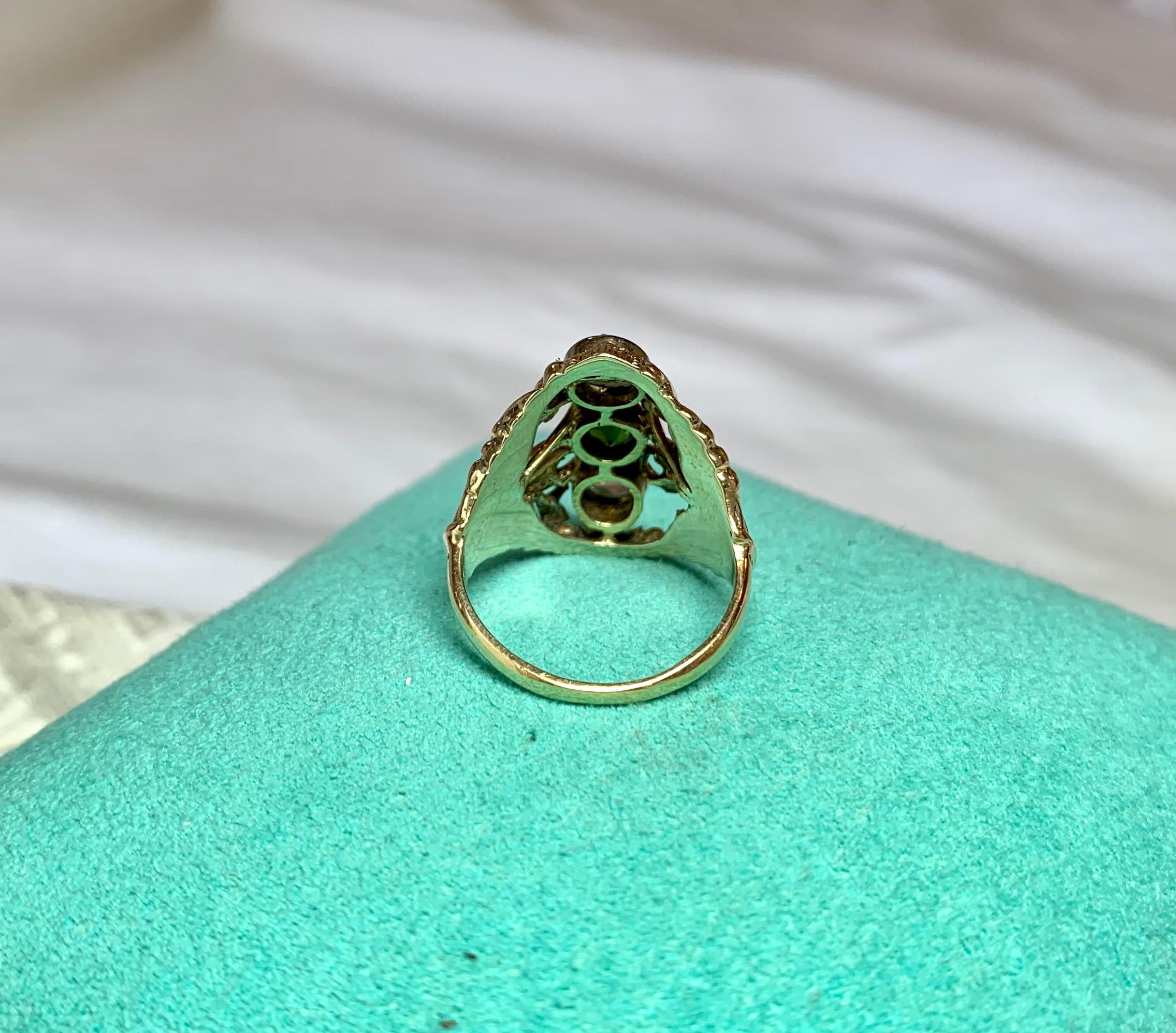 Art Nouveau Rose Cut Diamond Green Tourmaline Ring Antique 14 Karat Gold 7