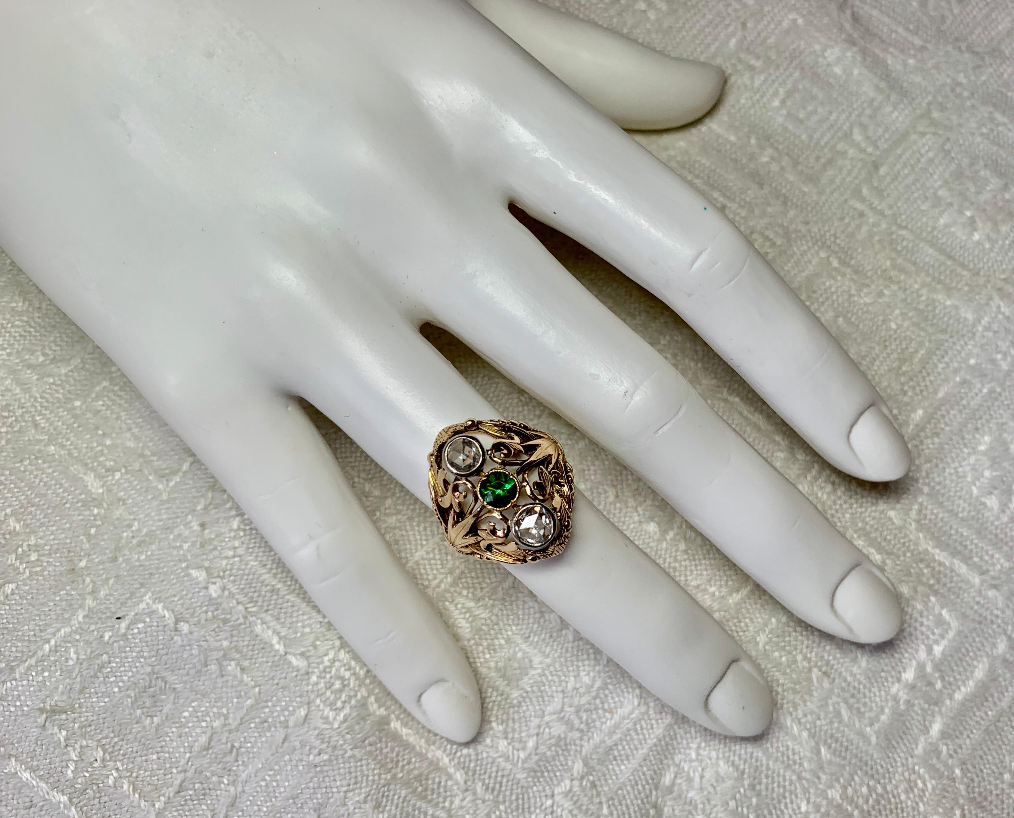 Art Nouveau Rose Cut Diamond Green Tourmaline Ring Antique 14 Karat Gold In Good Condition In New York, NY