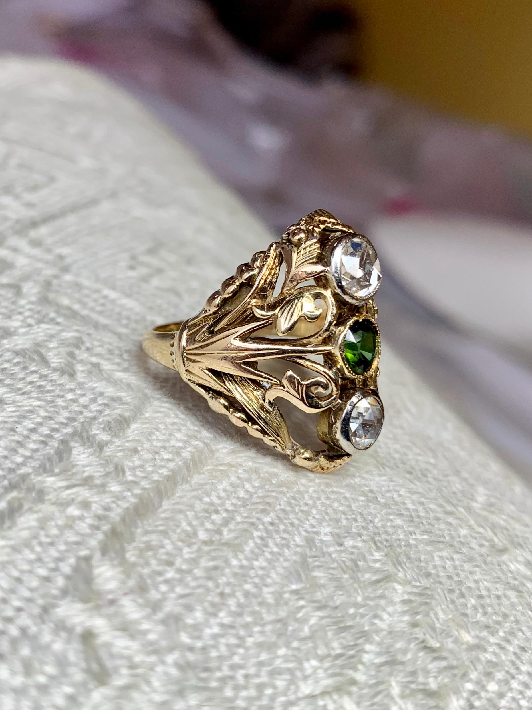 Women's Art Nouveau Rose Cut Diamond Green Tourmaline Ring Antique 14 Karat Gold
