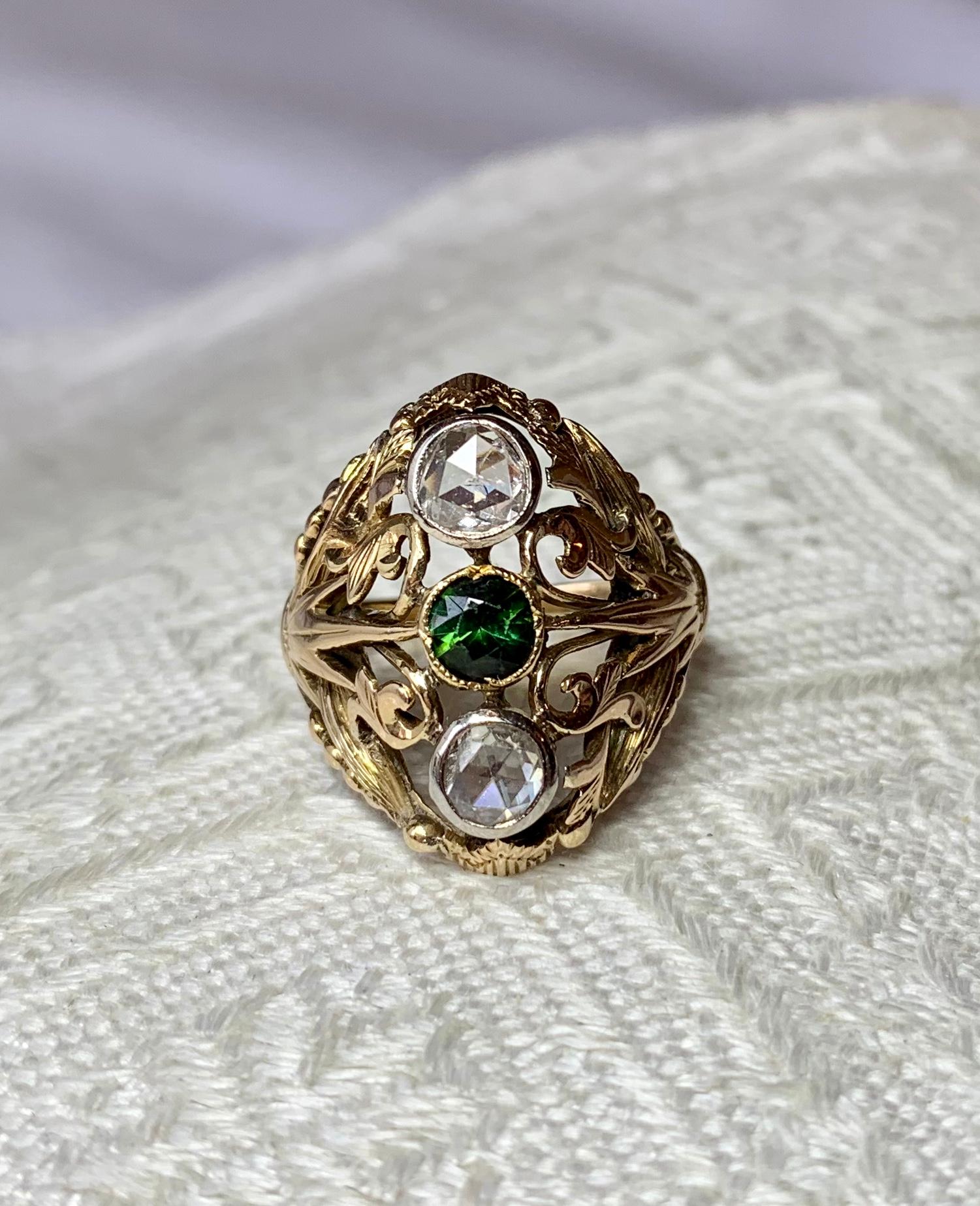 Art Nouveau Rose Cut Diamond Green Tourmaline Ring Antique 14 Karat Gold 1