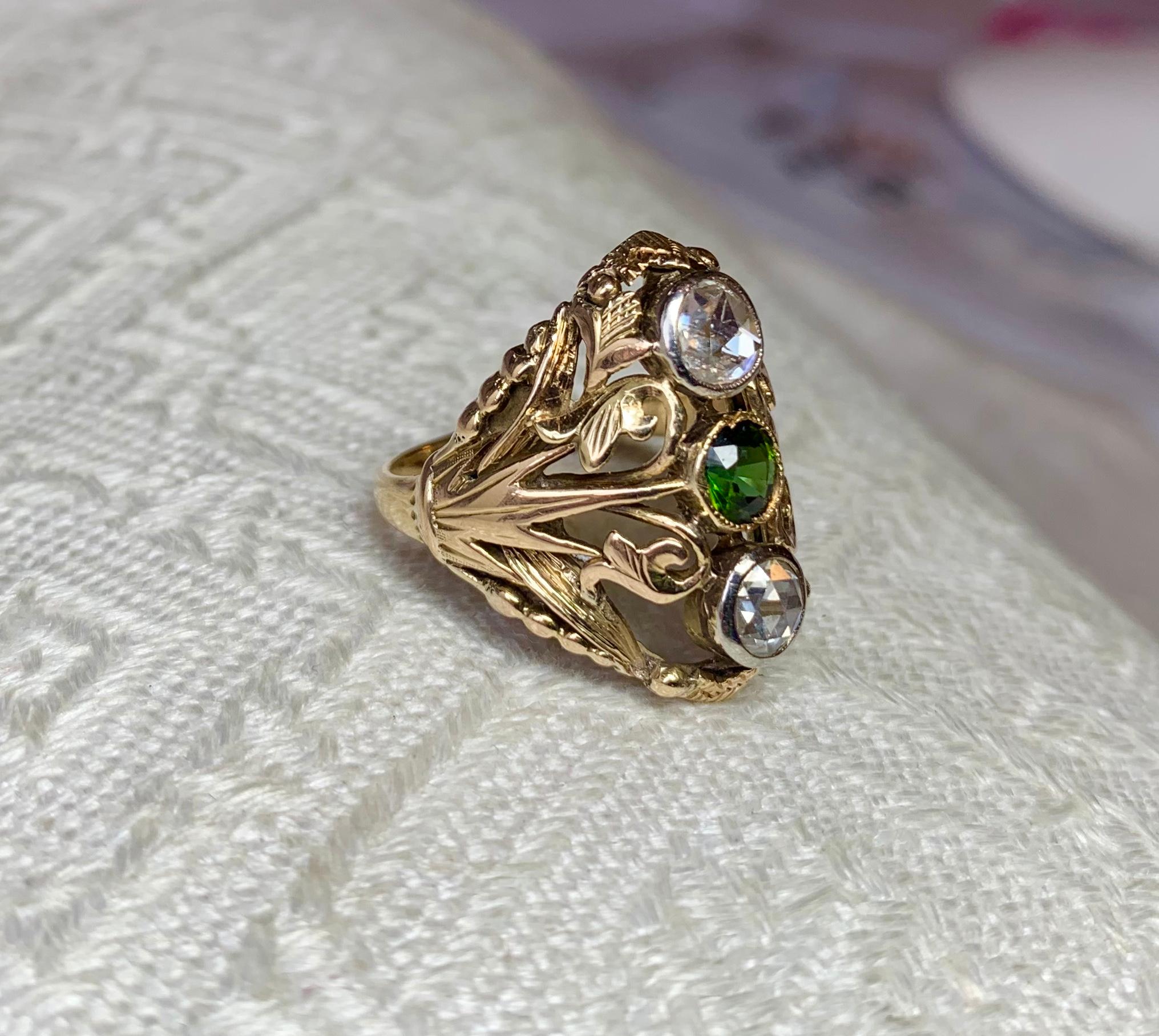Art Nouveau Rose Cut Diamond Green Tourmaline Ring Antique 14 Karat Gold 2