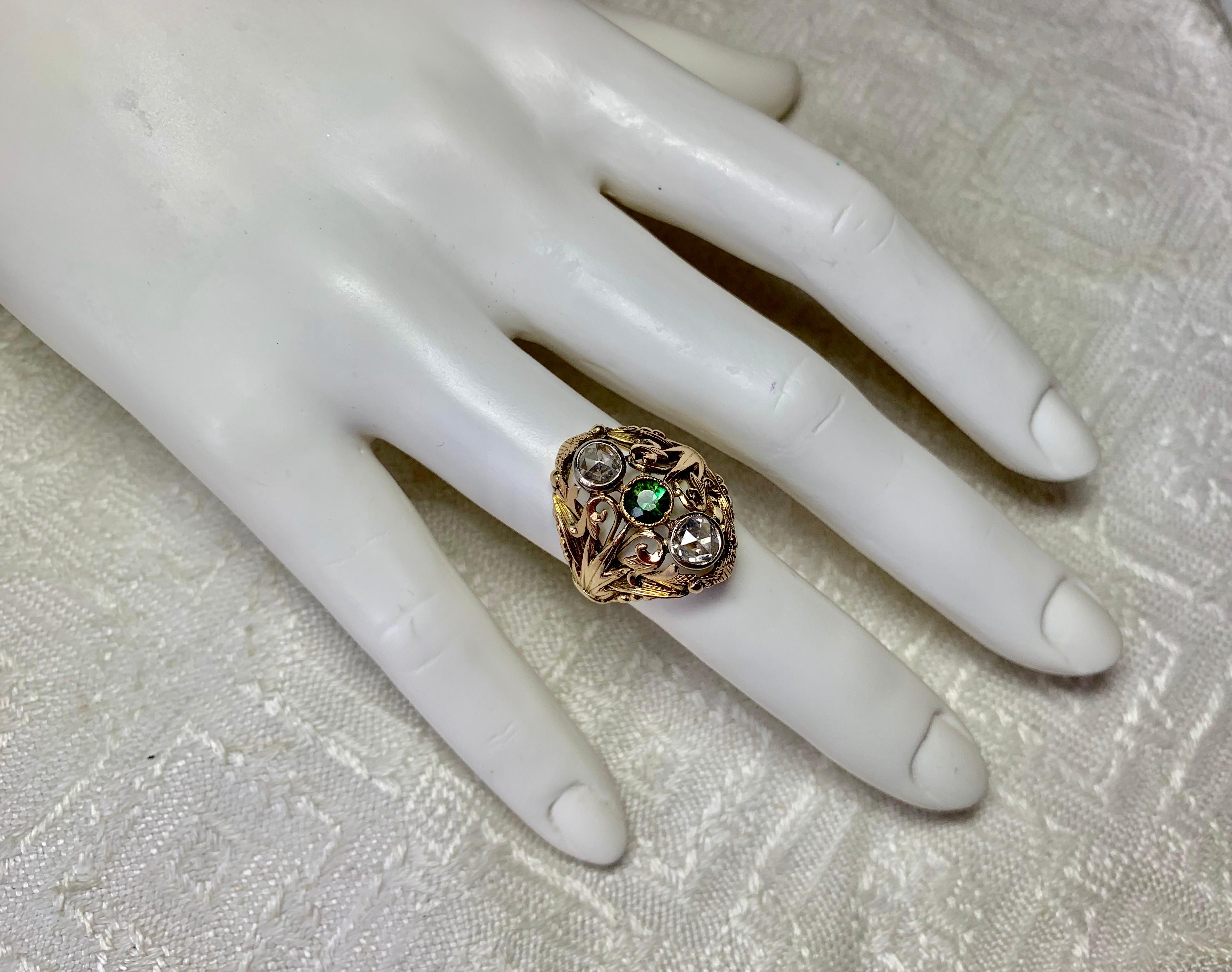 Art Nouveau Rose Cut Diamond Green Tourmaline Ring Antique 14 Karat Gold 3