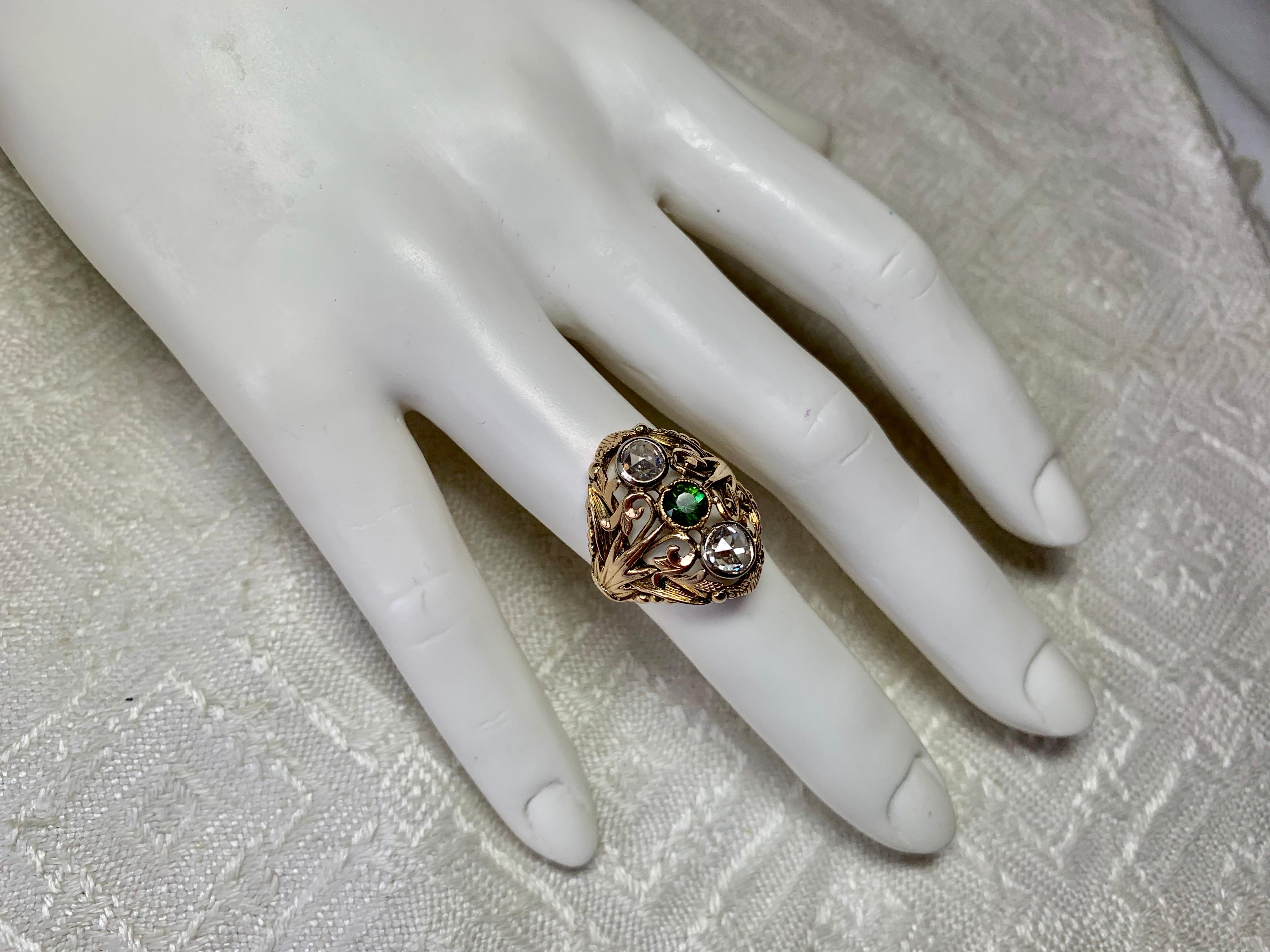 Art Nouveau Rose Cut Diamond Green Tourmaline Ring Antique 14 Karat Gold 4
