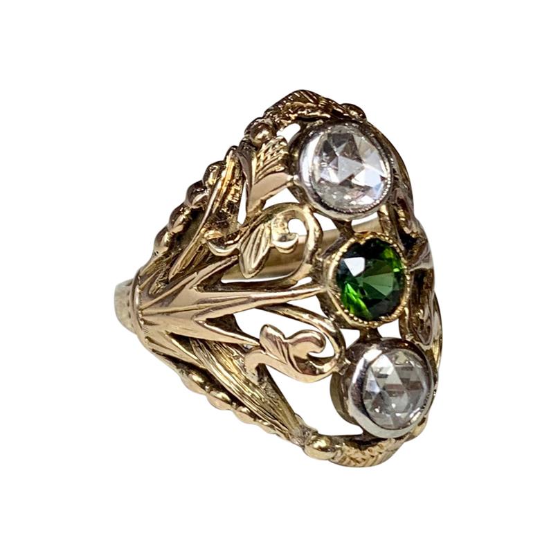 Art Nouveau Rose Cut Diamond Green Tourmaline Ring Antique 14 Karat Gold