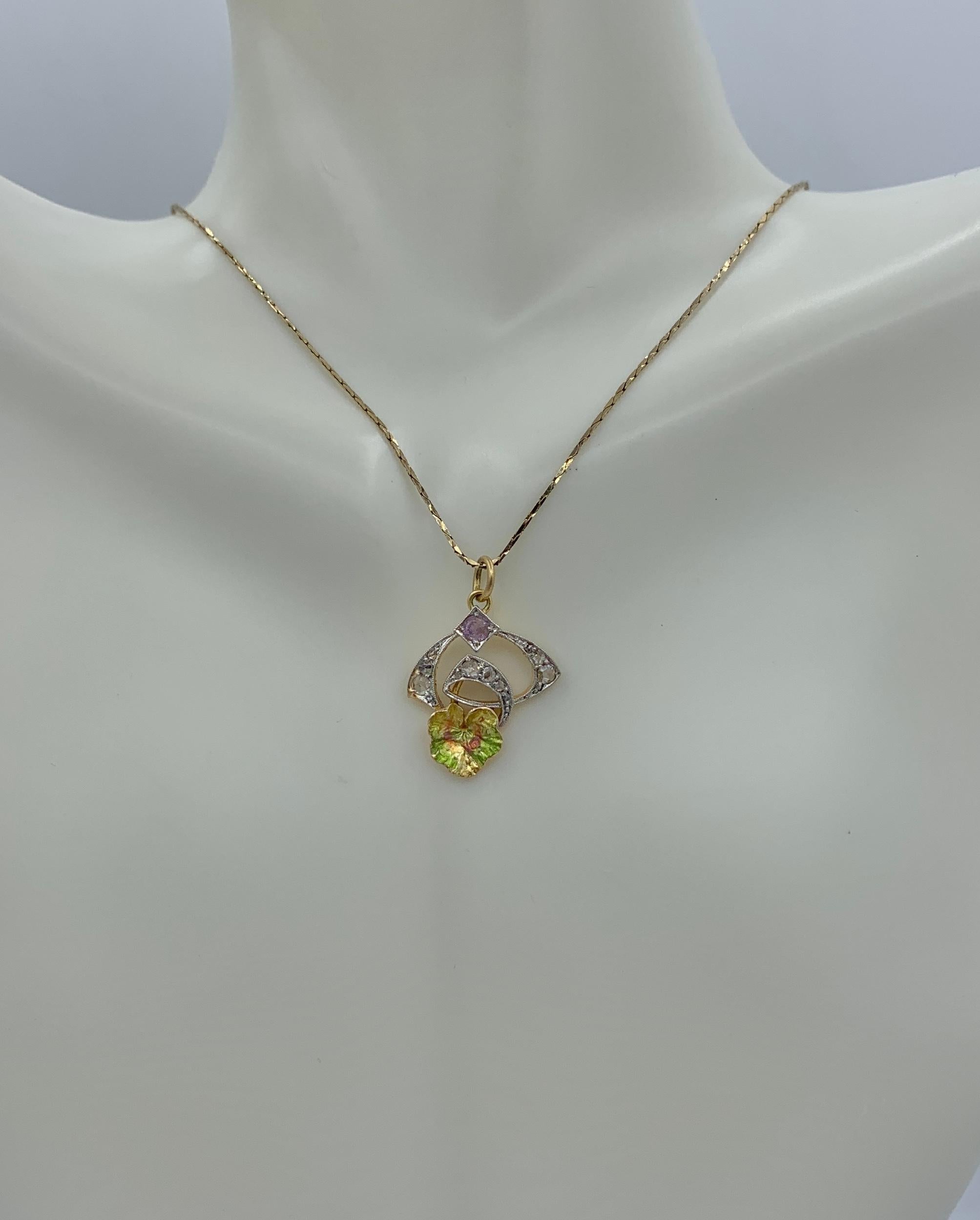 Art Nouveau Rose Cut Diamond Lily Pad Pendant Amethyst Enamel Charm 14K Gold In Excellent Condition For Sale In New York, NY