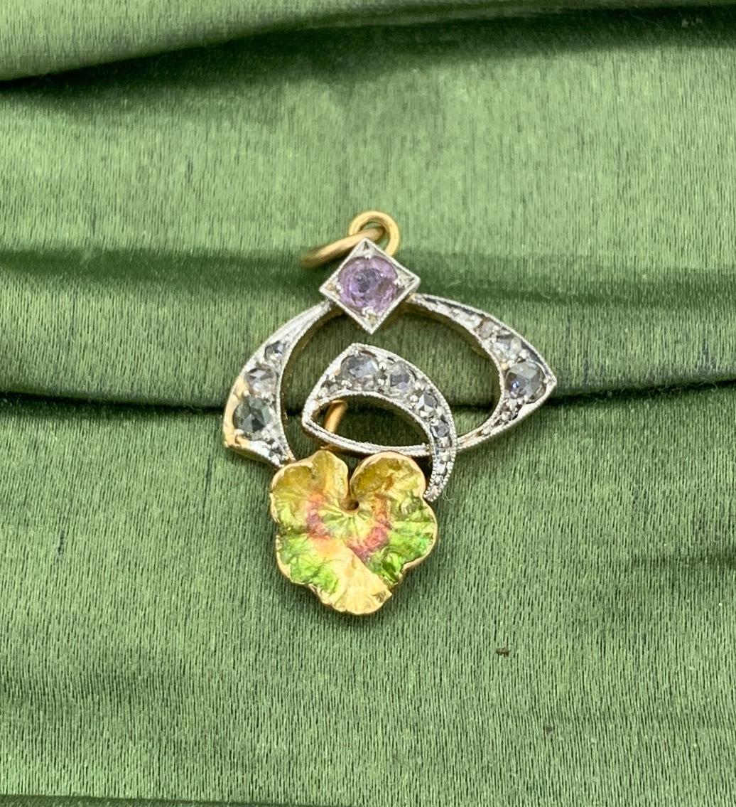Women's Art Nouveau Rose Cut Diamond Lily Pad Pendant Amethyst Enamel Charm 14K Gold For Sale