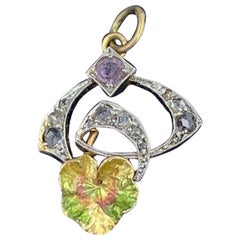 Jugendstil Lilienanhänger mit Diamant im Rosenschliff und Amethyst-Emaille-Anhänger aus 14 Karat Gold