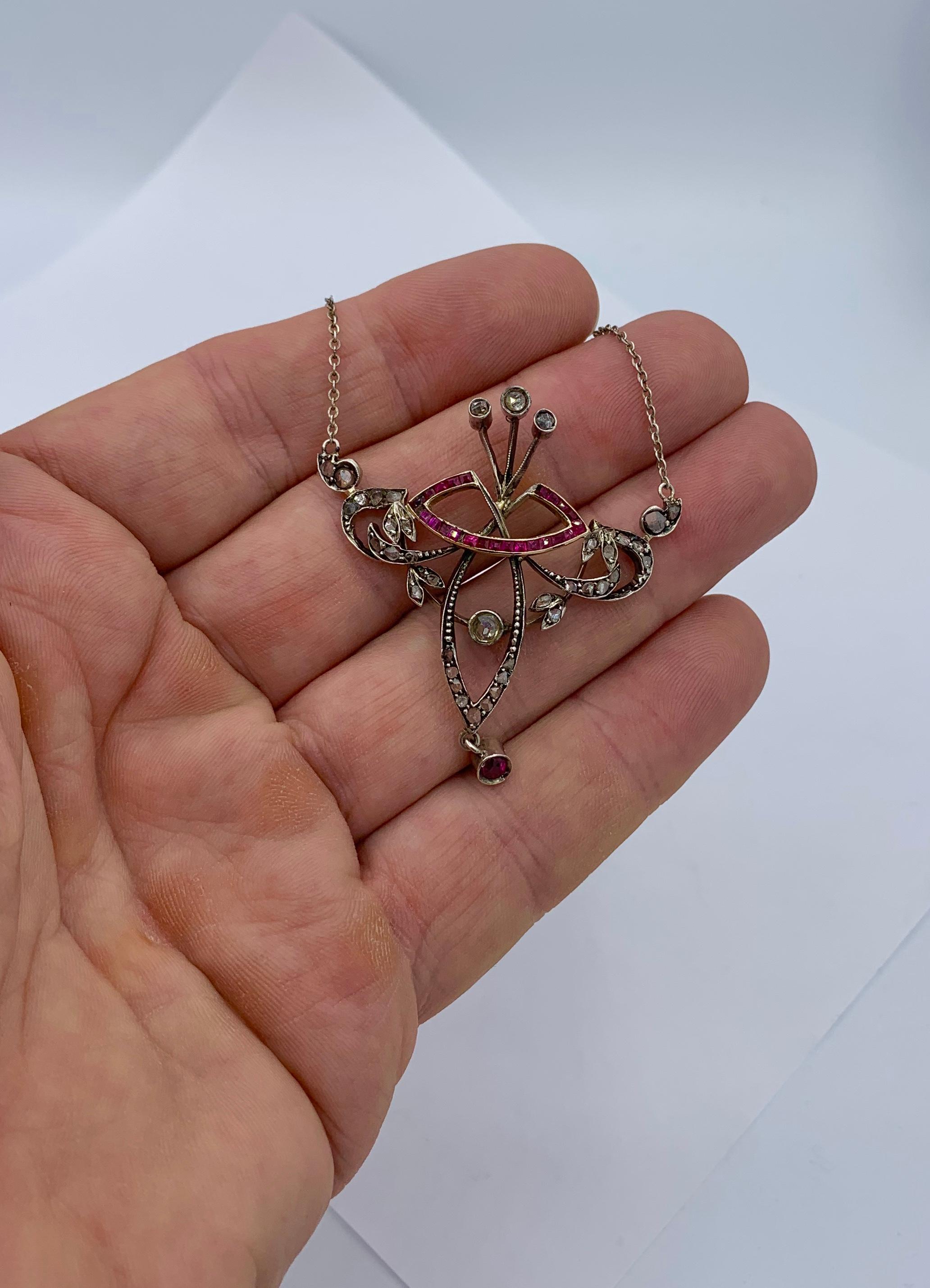 Art Nouveau Rose Cut Diamond Ruby Necklace Belle Époque Pendant For Sale 3