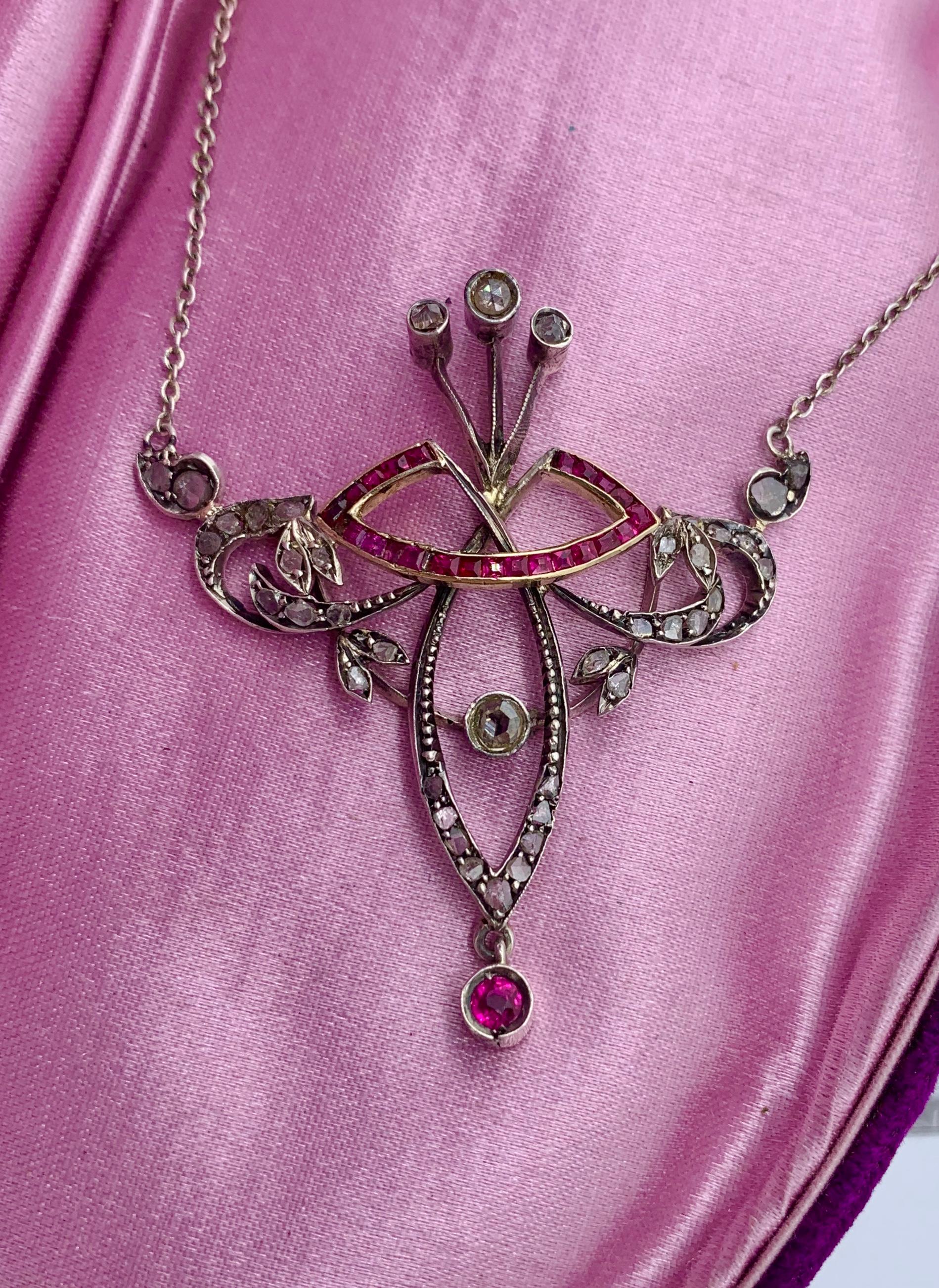Art Nouveau Rose Cut Diamond Ruby Necklace Belle Époque Pendant For Sale 4