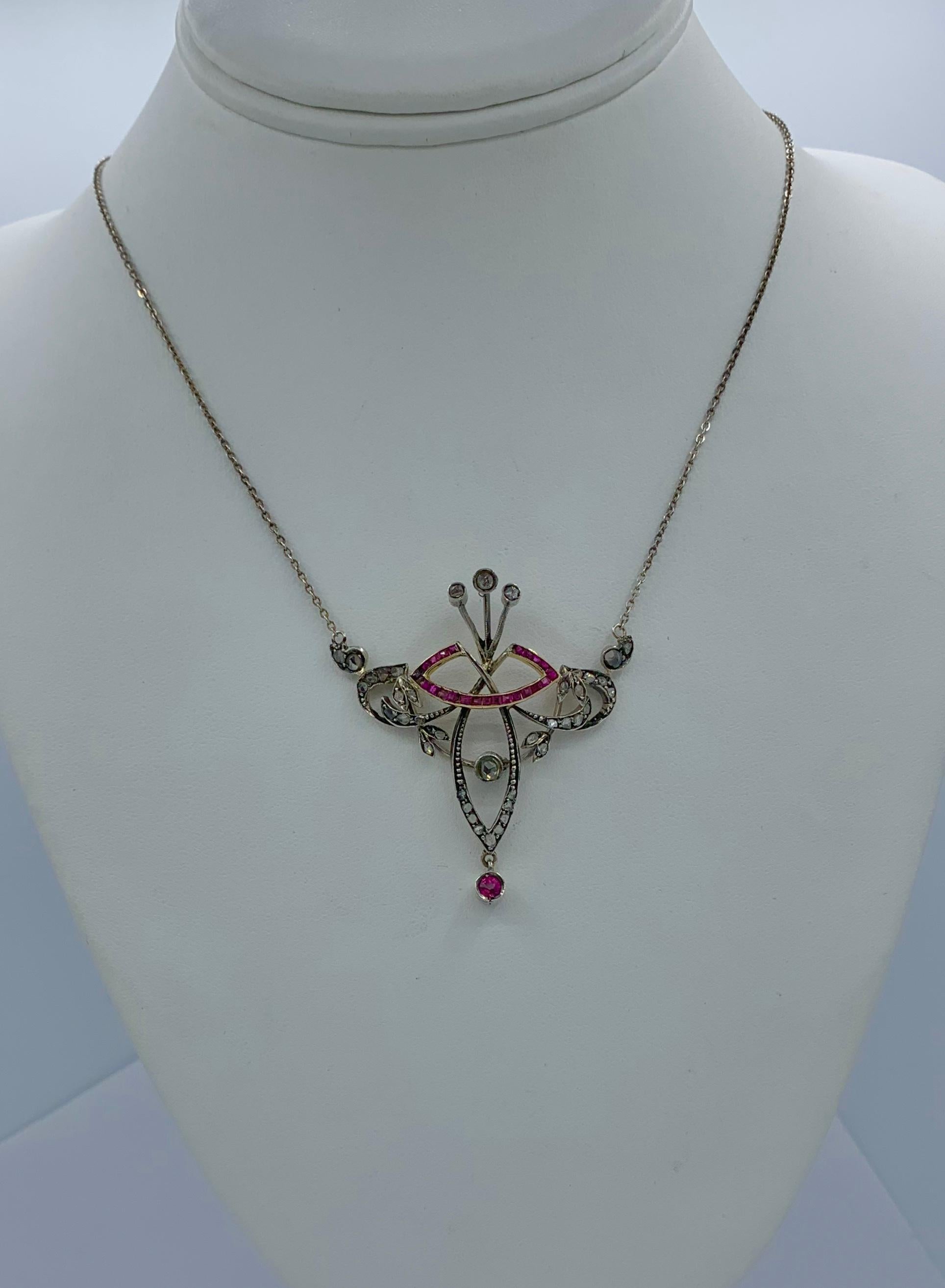 Art Nouveau Rose Cut Diamond Ruby Necklace Belle Époque Pendant In Good Condition For Sale In New York, NY