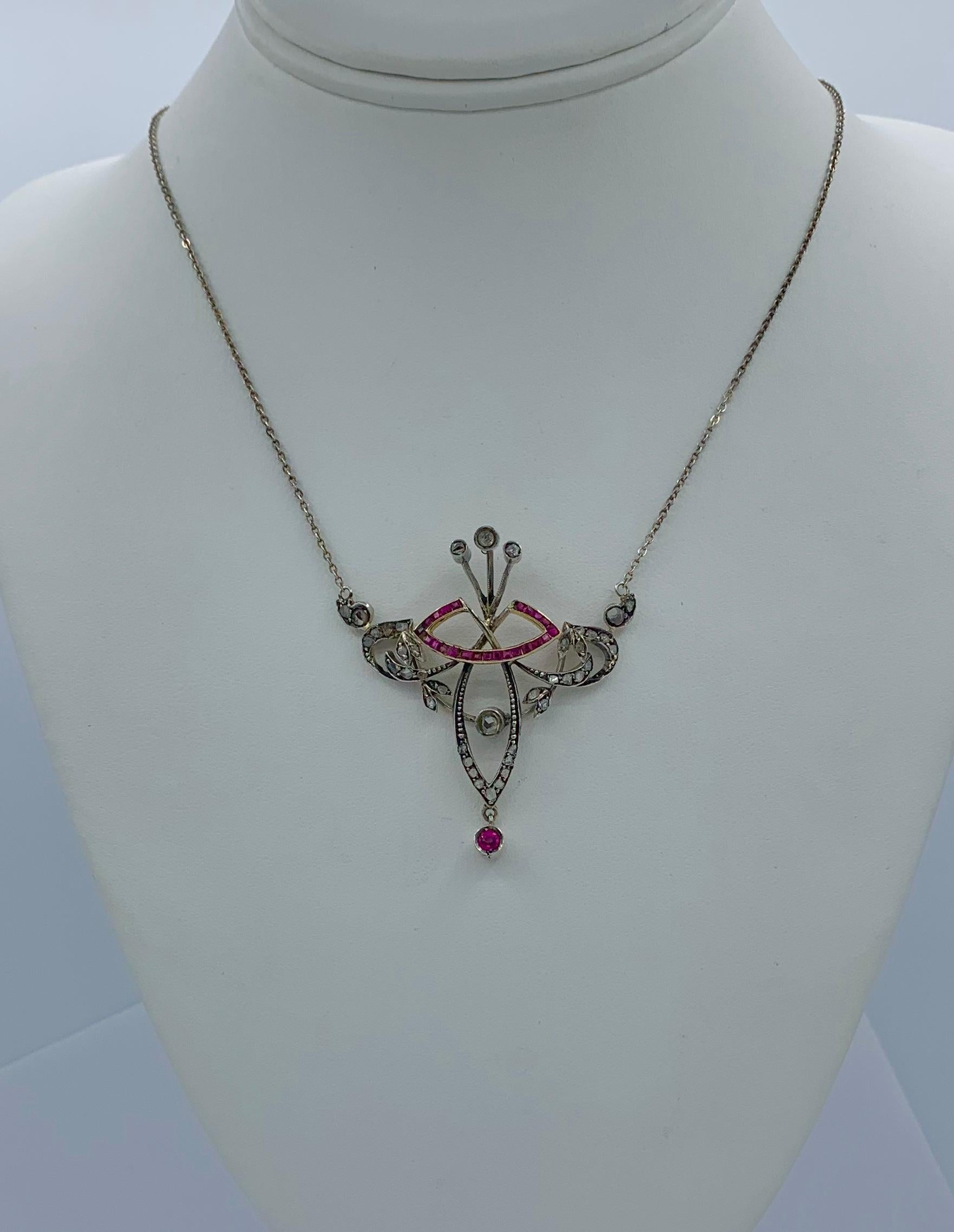 Women's Art Nouveau Rose Cut Diamond Ruby Necklace Belle Époque Pendant For Sale