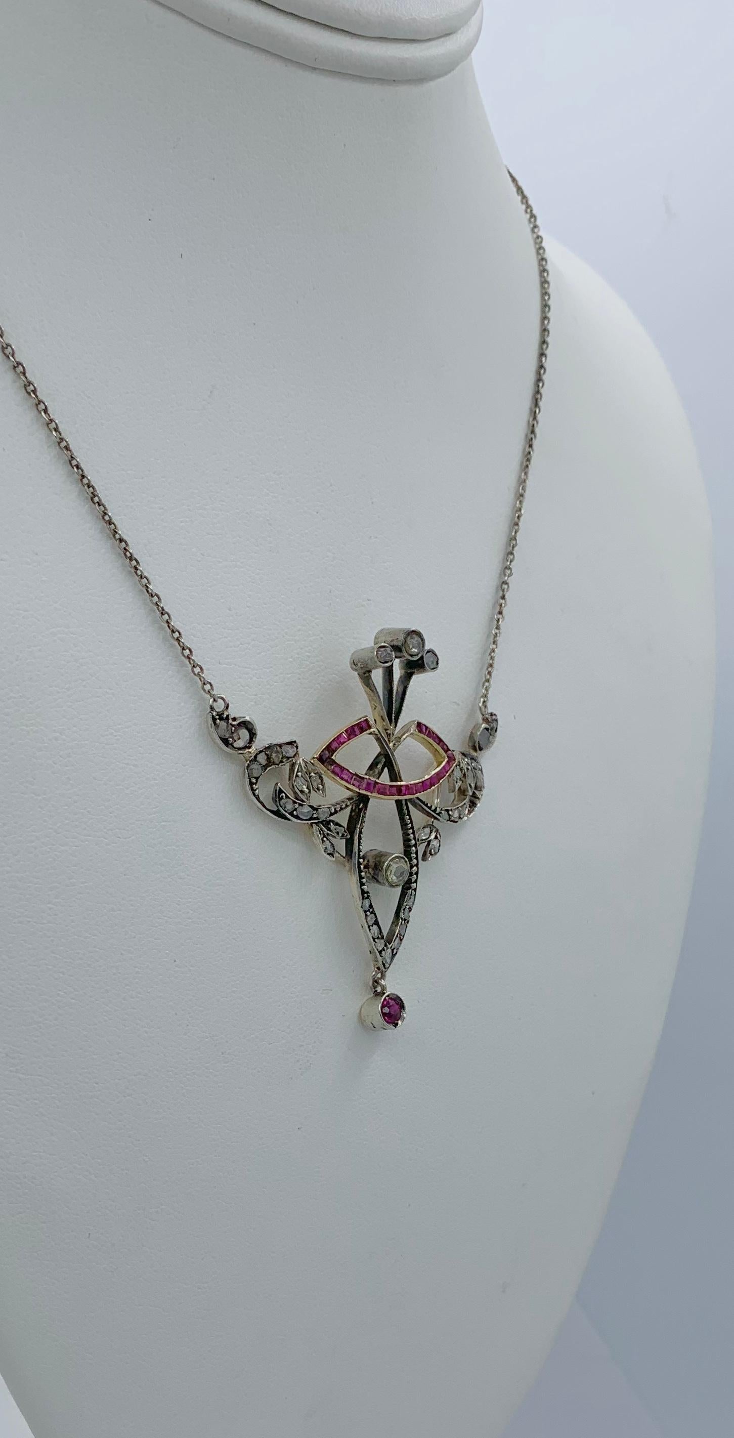 Art Nouveau Rose Cut Diamond Ruby Necklace Belle Époque Pendant For Sale 1
