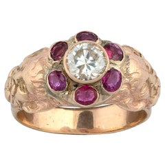 Antique Art Nouveau Rose Gold Diamond and Ruby Cluster Ring