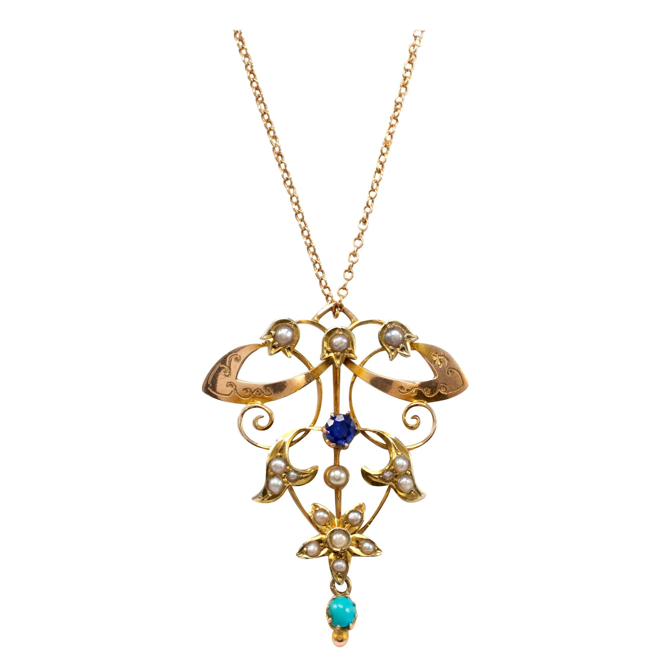 Art Nouveau Rose Gold Pendant Necklace Sapphire Pearl and Turquoise, circa 1900