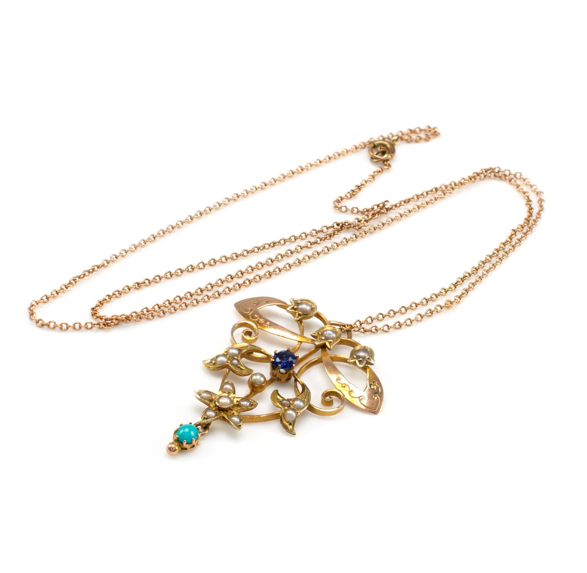 Belle Époque Art Nouveau Rose Gold Pendant Necklace Sapphire Pearl and Turquoise, circa 1900