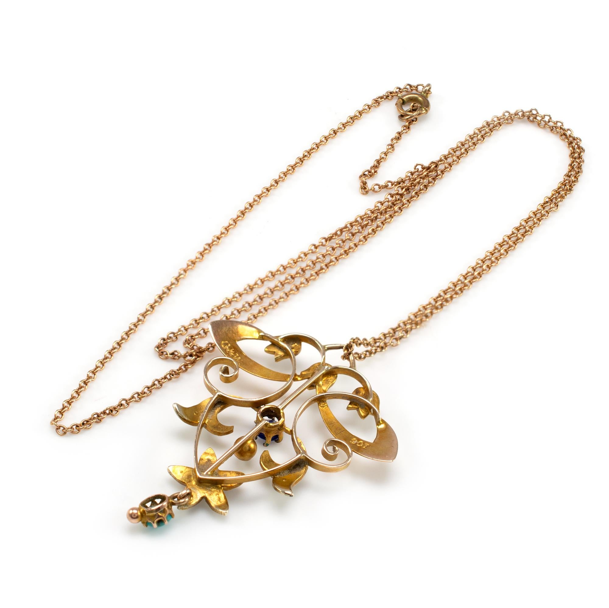 Art Nouveau Rose Gold Pendant Necklace Sapphire Pearl and Turquoise, circa 1900 In Good Condition In Preston, Lancashire