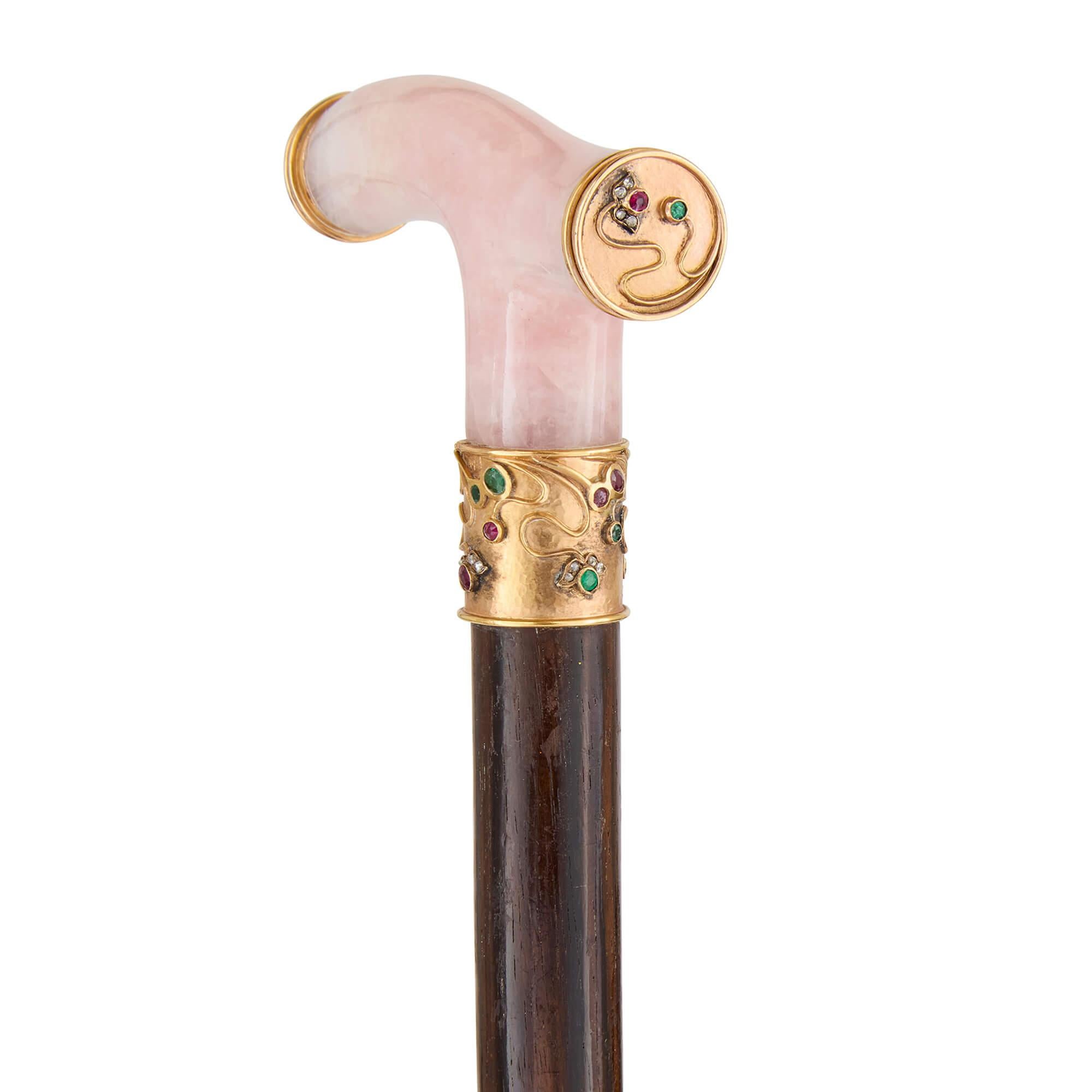 Russian Art Nouveau Rose Quartz, Gold, Ruby, Emerald and Diamond Walking Stick For Sale