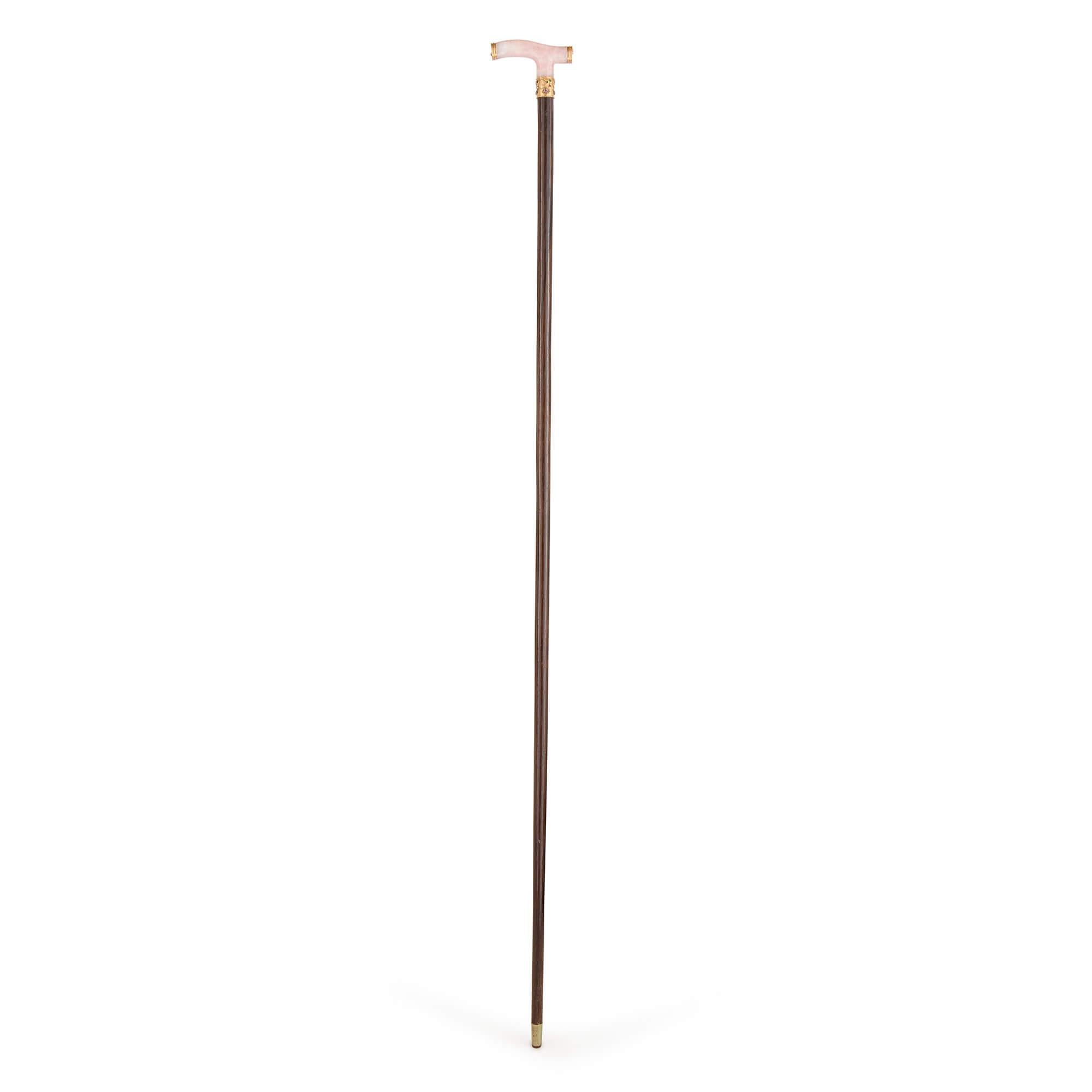 Carved Art Nouveau Rose Quartz, Gold, Ruby, Emerald and Diamond Walking Stick For Sale