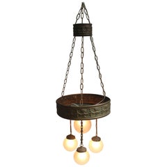 Art Nouveau Round Carved Brass 4-Light Large Chandelier with Patina, 1900s