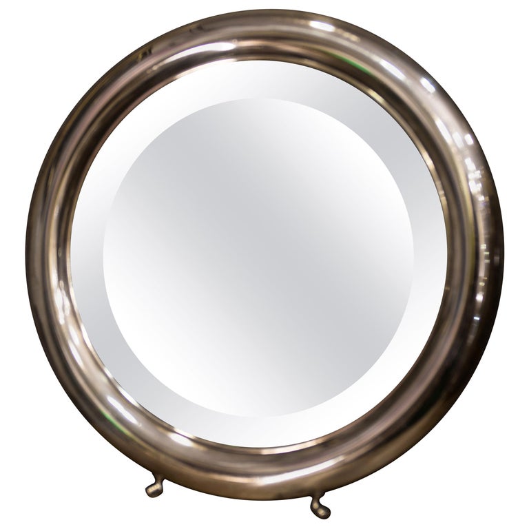 Art Nouveau Round Mirror Silver English Dressing Table Mirror, Legs, 1930-1940s For Sale