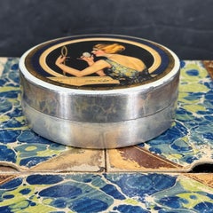 Art Nouveau Round Trinket Box, Metal & Paint, France, 1930s