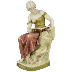 Antique Art Nouveau Royal Dux Porcelain Figurine of a Lady Reading a Book