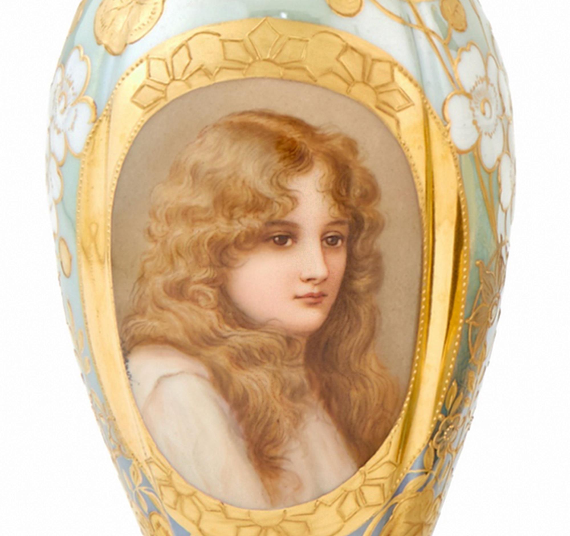  Art Nouveau Royal Vienna Hand-Painted Porcelain Portrait Cabinet Vase In Good Condition For Sale In New York, NY