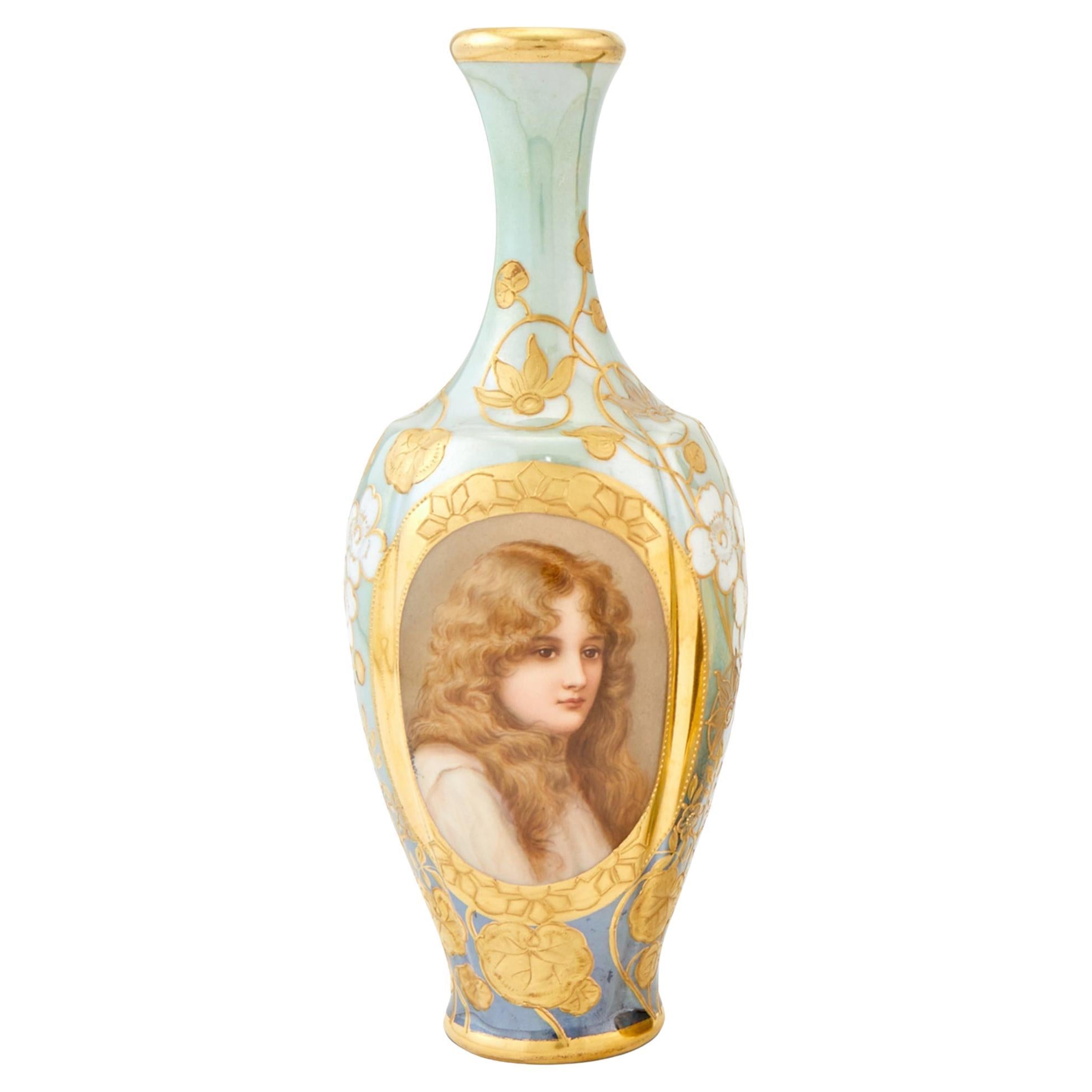  Art Nouveau Royal Vienna Hand-Painted Porcelain Portrait Cabinet Vase For Sale