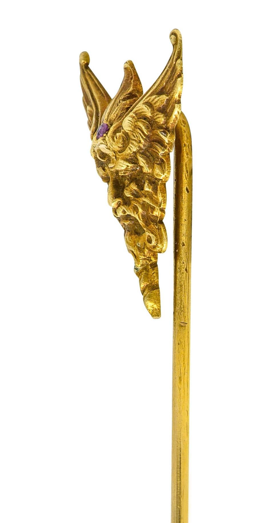Single Cut Art Nouveau Ruby 14 Karat Gold Hypnos Greek God Green Man Stickpin