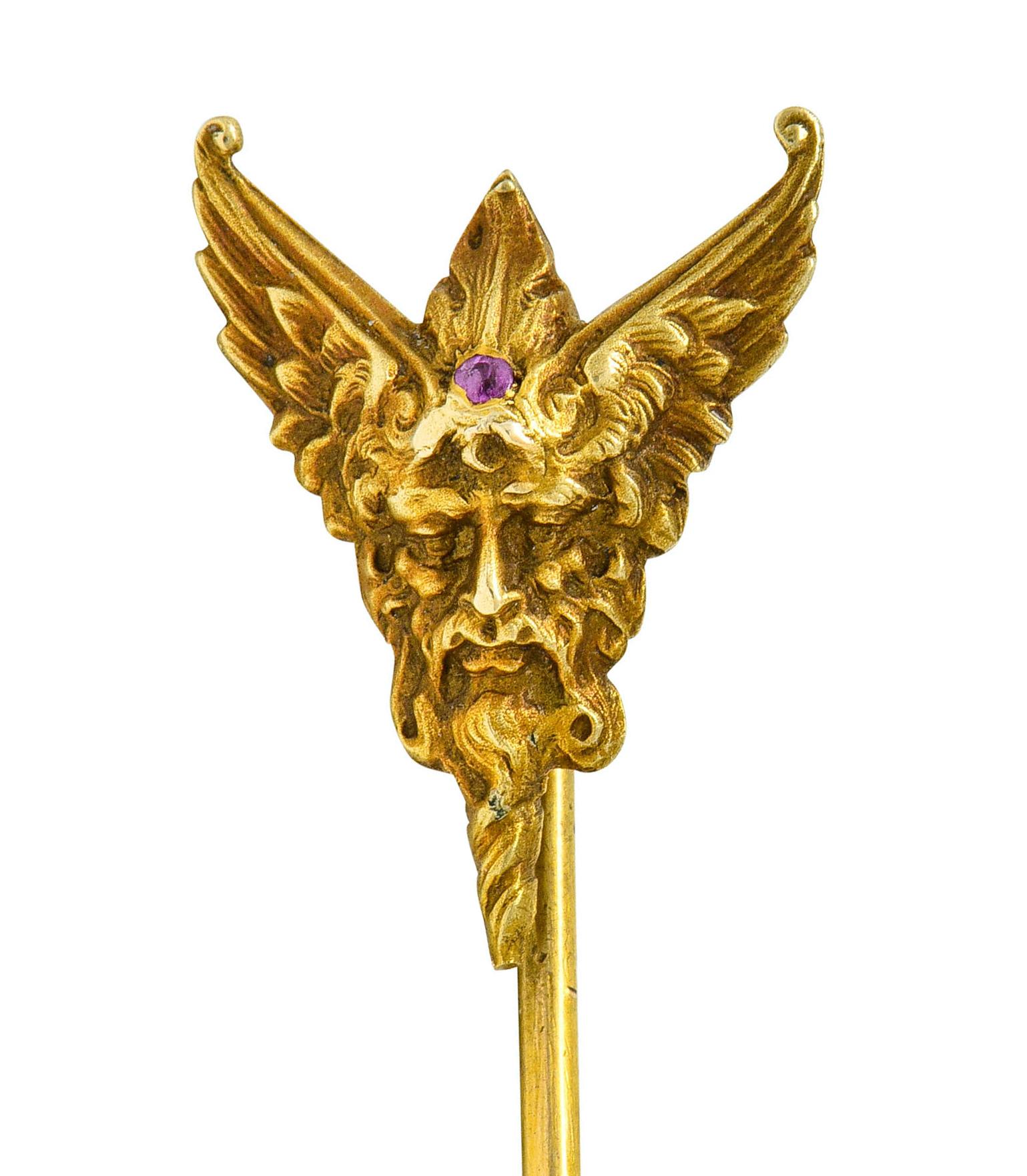 Art Nouveau Ruby 14 Karat Gold Hypnos Greek God Green Man Stickpin 2