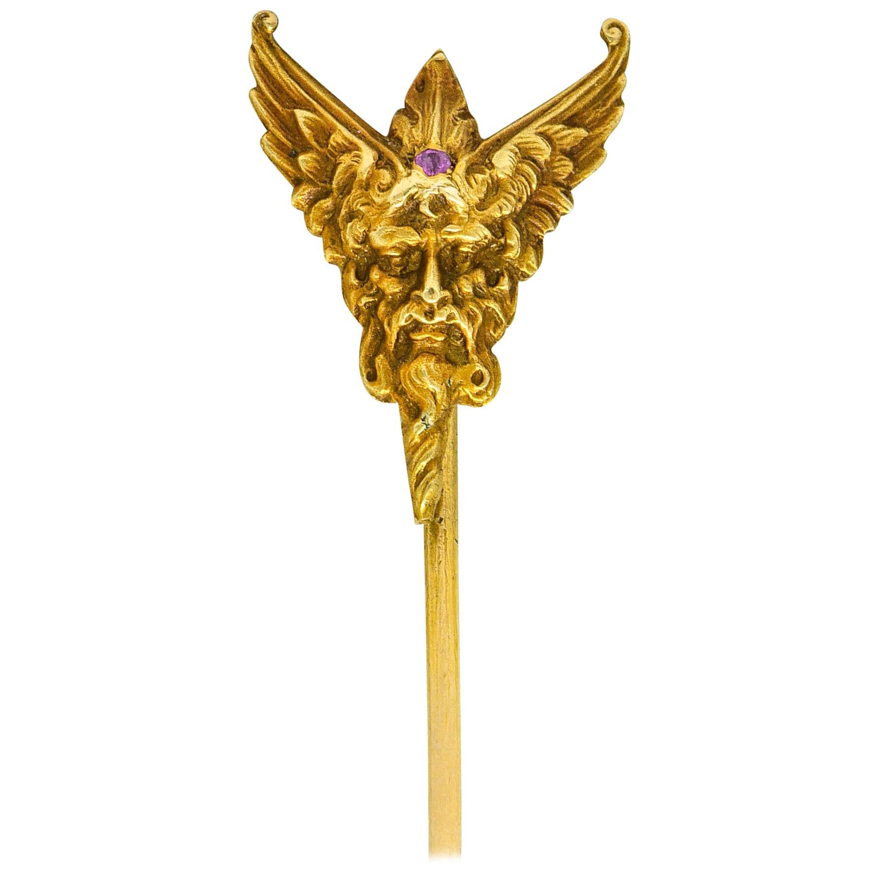 Art Nouveau Ruby 14 Karat Gold Hypnos Greek God Green Man Stickpin