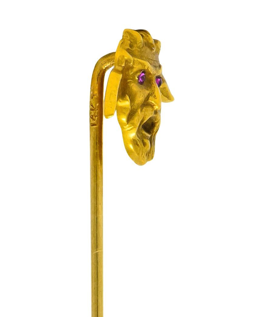Round Cut Art Nouveau Ruby 14 Karat Gold Satyr Stickpin For Sale