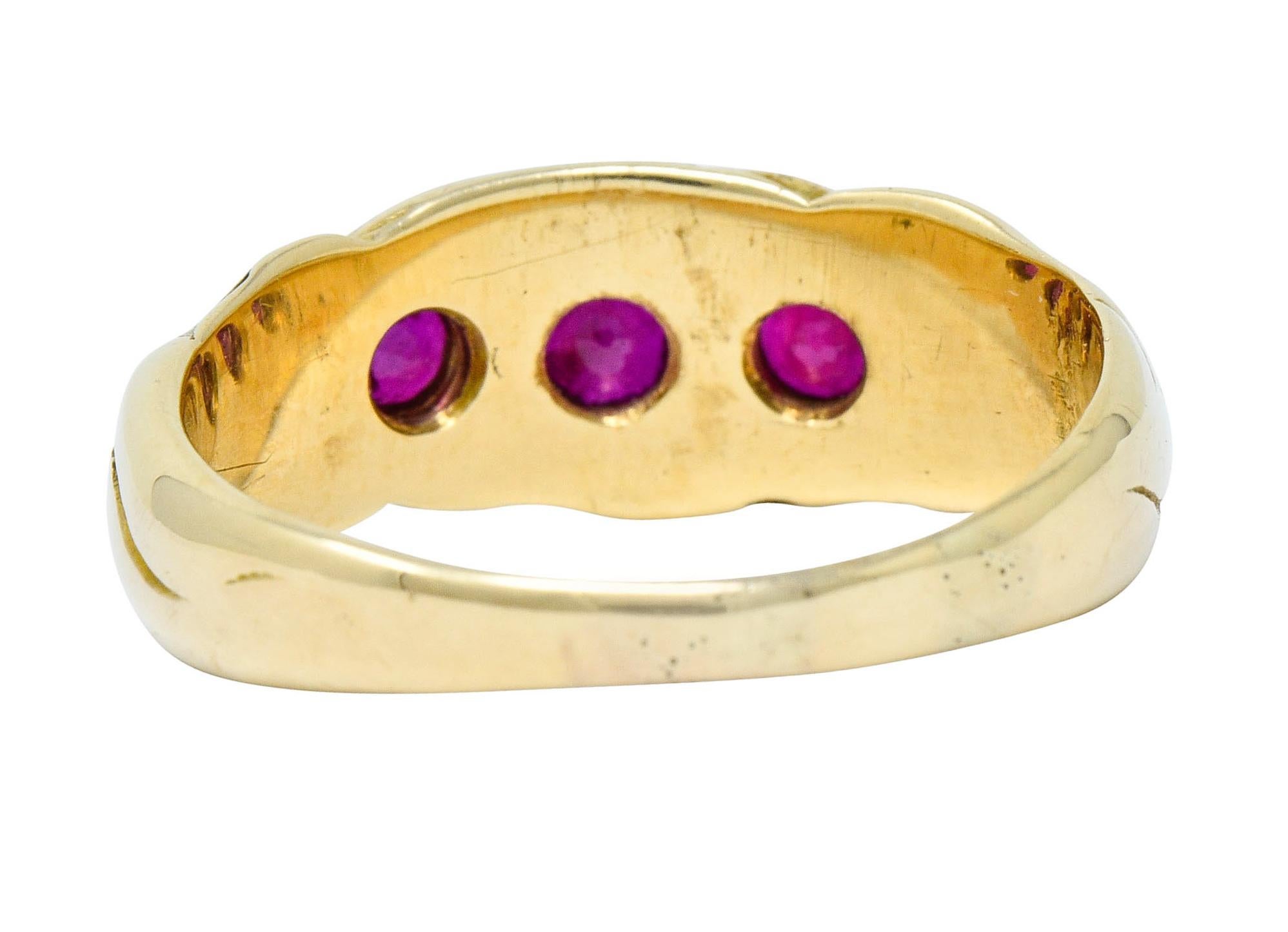 Art Nouveau Ruby 14 Karat Gold Three-Stone Band Ring In Excellent Condition In Philadelphia, PA