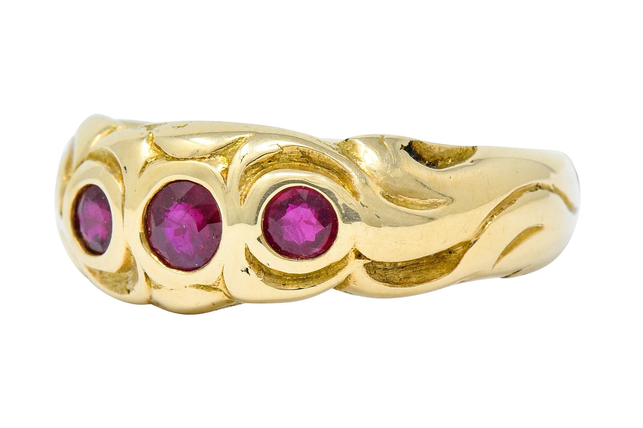 Art Nouveau Ruby 14 Karat Gold Three-Stone Band Ring 1