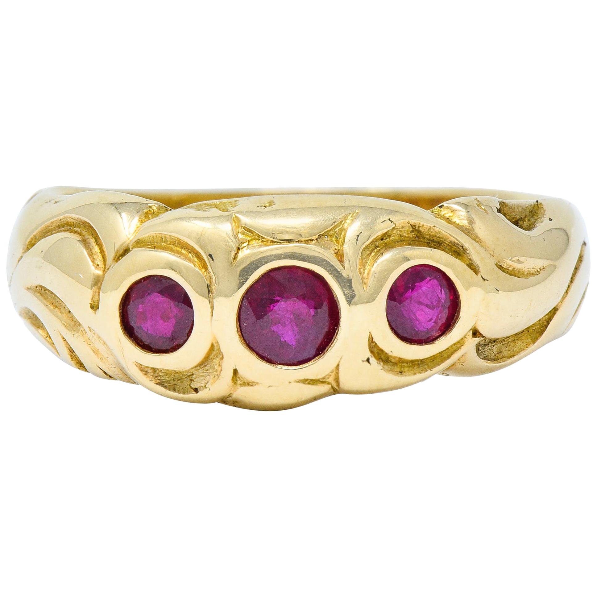Art Nouveau Ruby 14 Karat Gold Three-Stone Band Ring