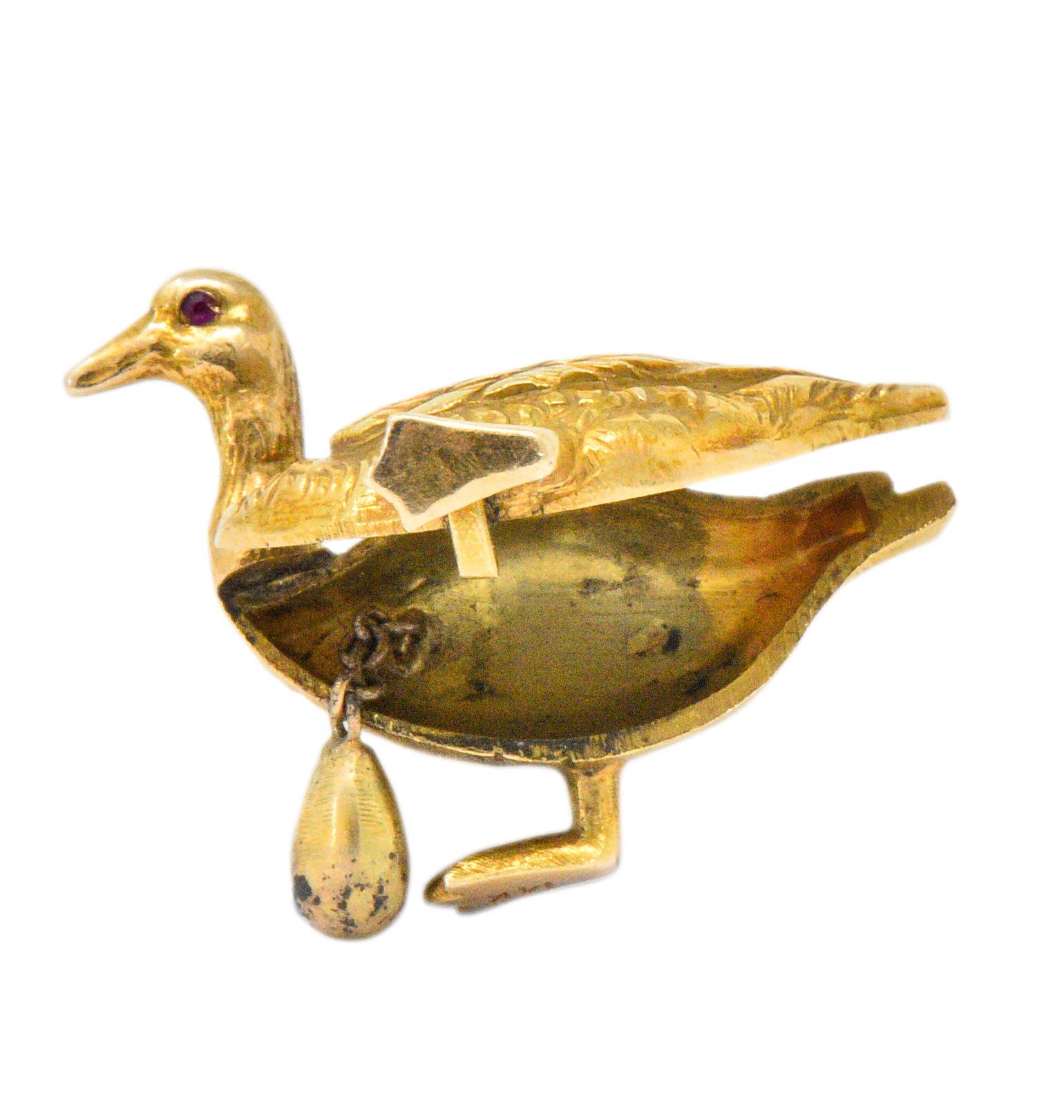 Art Nouveau Ruby 14 Karat Goose with Golden Egg Charm In Excellent Condition In Philadelphia, PA