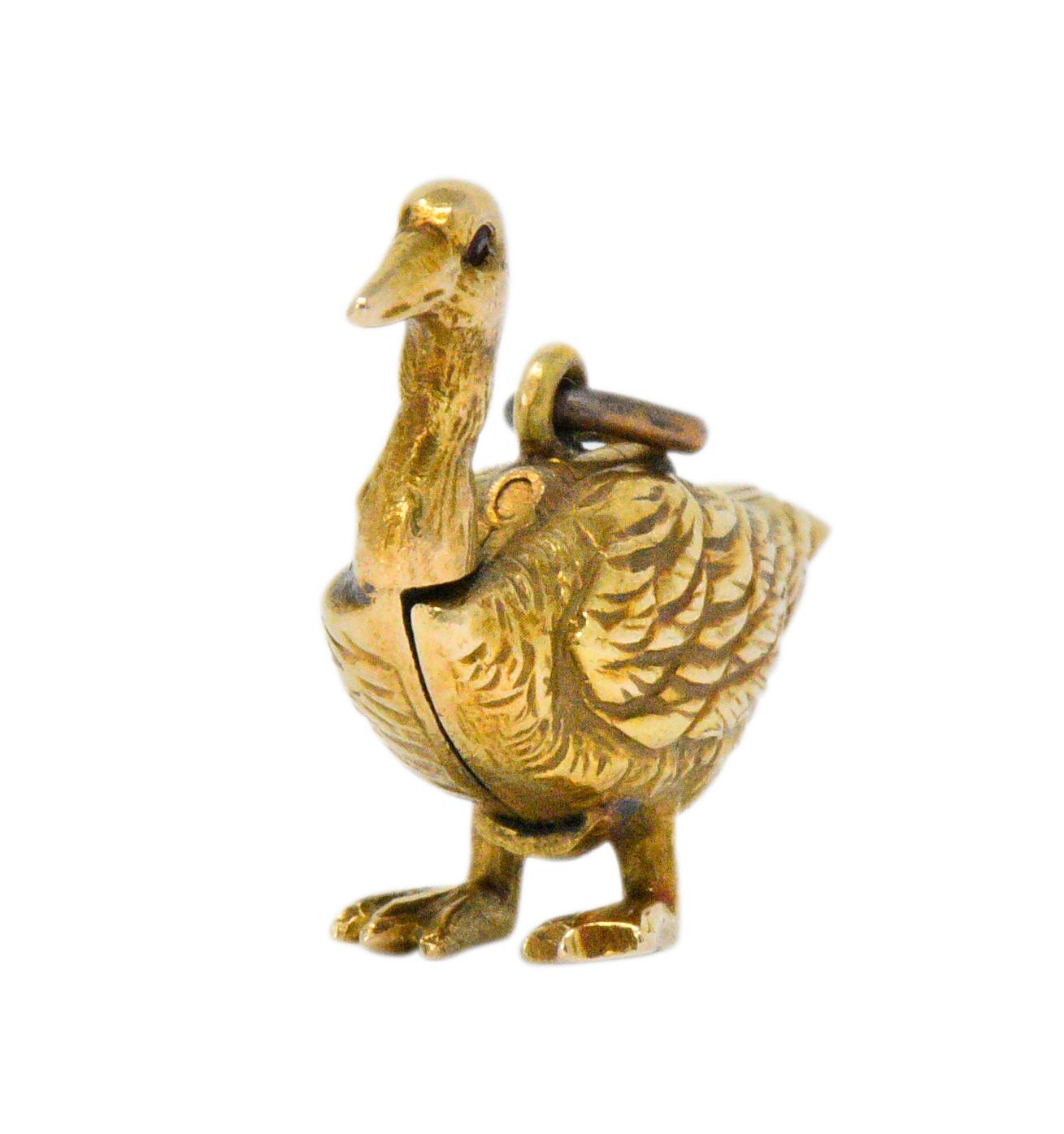 Women's or Men's Art Nouveau Ruby 14 Karat Goose with Golden Egg Charm