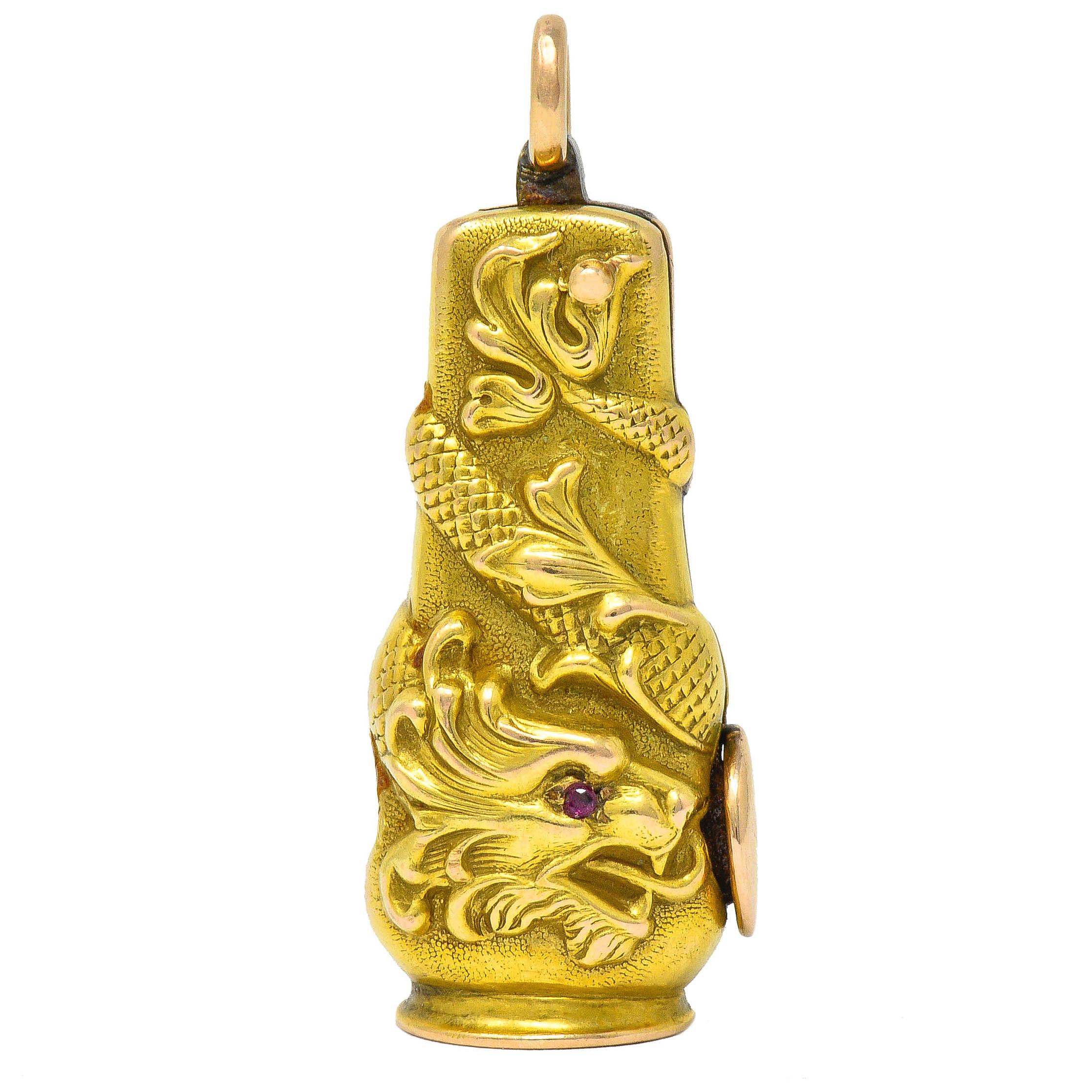 Round Cut Art Nouveau Ruby 14 Karat Rose Gold Cigar Cutter Dragon Pendant