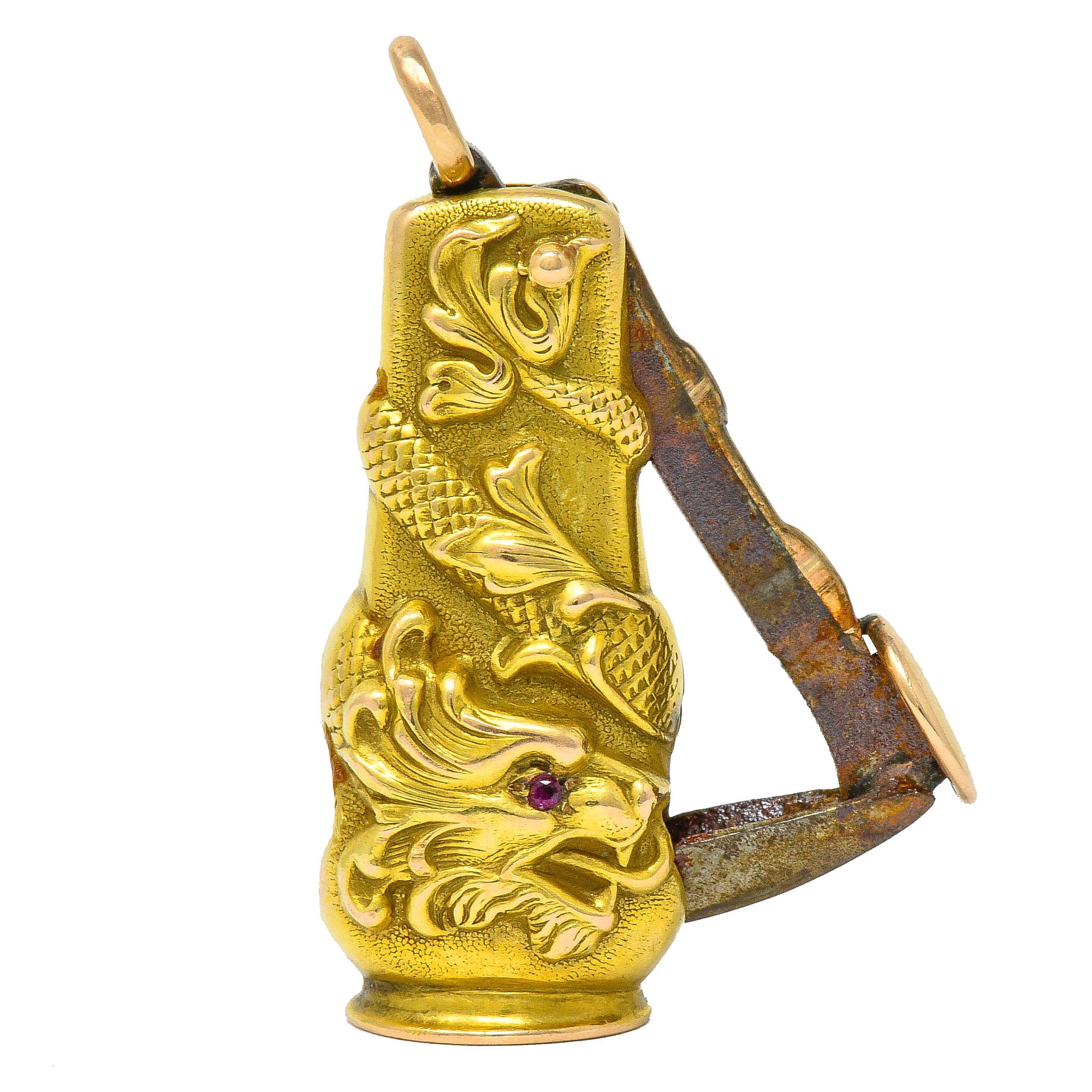 Women's or Men's Art Nouveau Ruby 14 Karat Rose Gold Cigar Cutter Dragon Pendant
