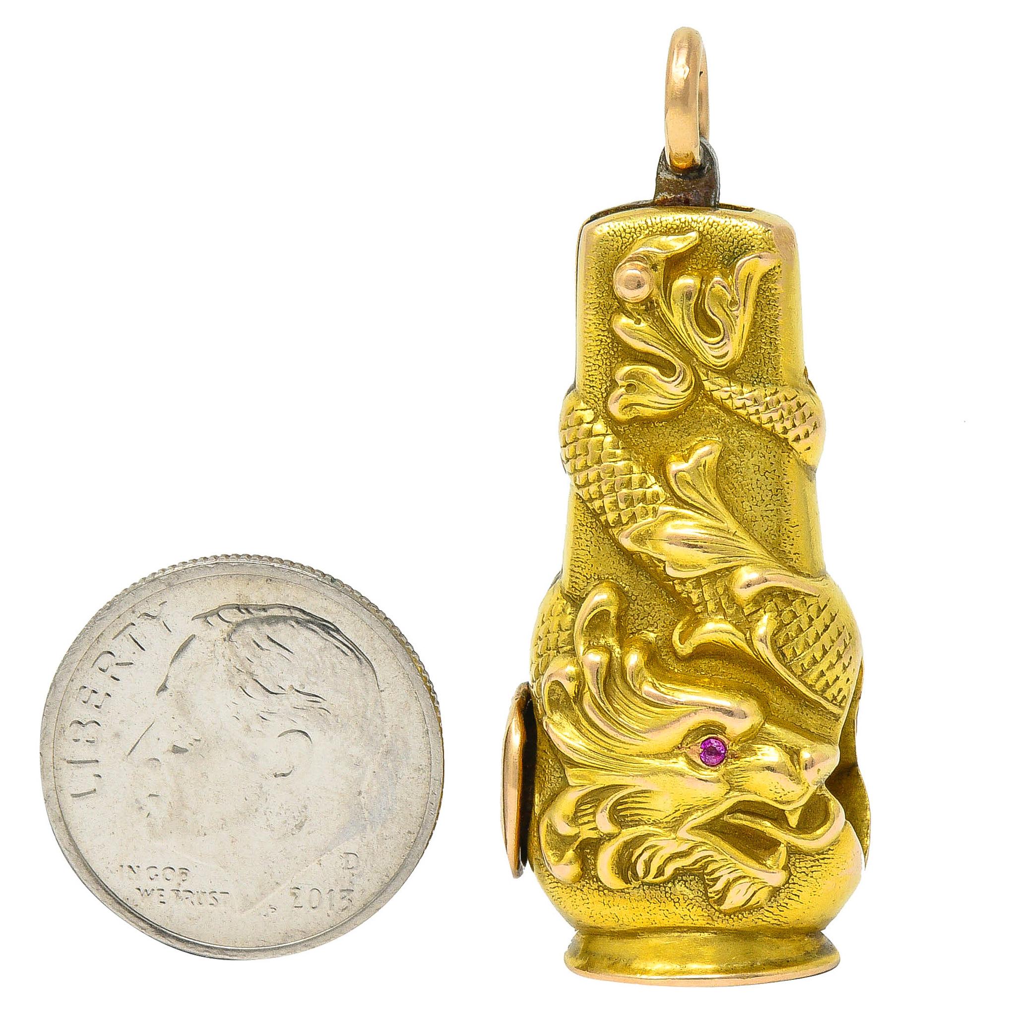 Art Nouveau Ruby 14 Karat Rose Gold Cigar Cutter Dragon Pendant 2