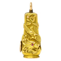 Art Nouveau Ruby 14 Karat Rose Gold Cigar Cutter Dragon Pendant